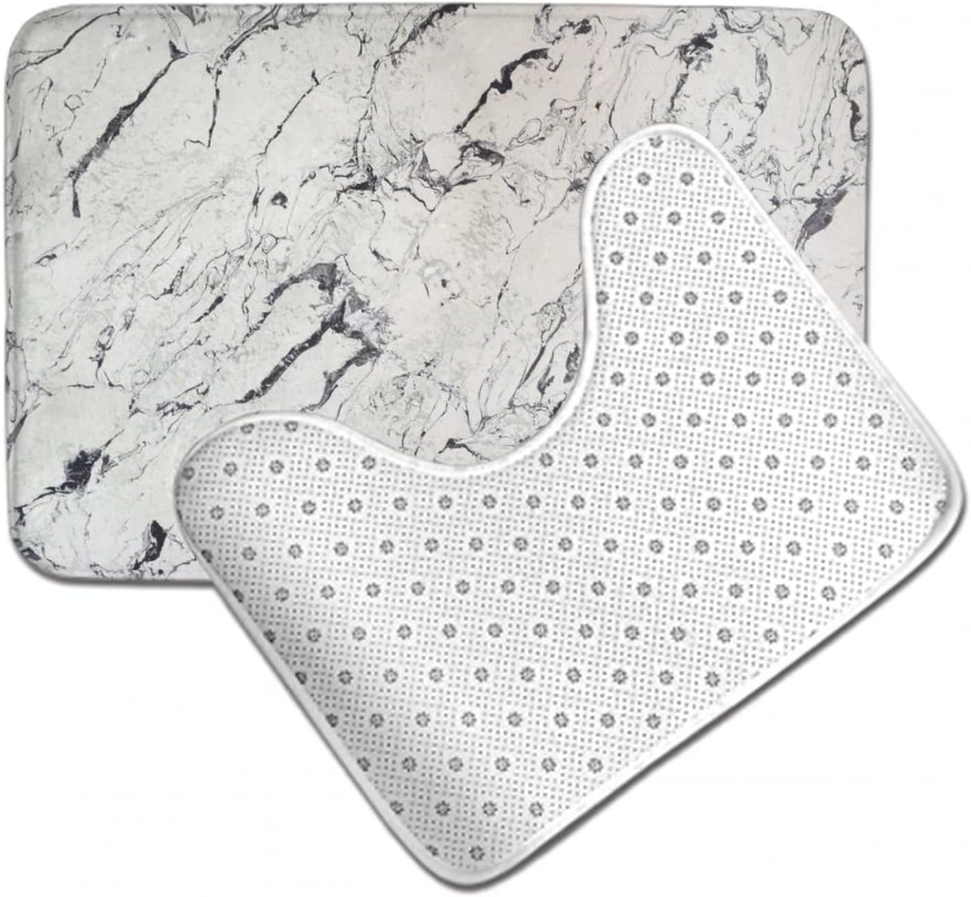 Juego de 2 alfombras de contorno de baño compatibles con textura de mármol blanco, tapete de ducha de espuma viscoelástica de franela y alfombra de