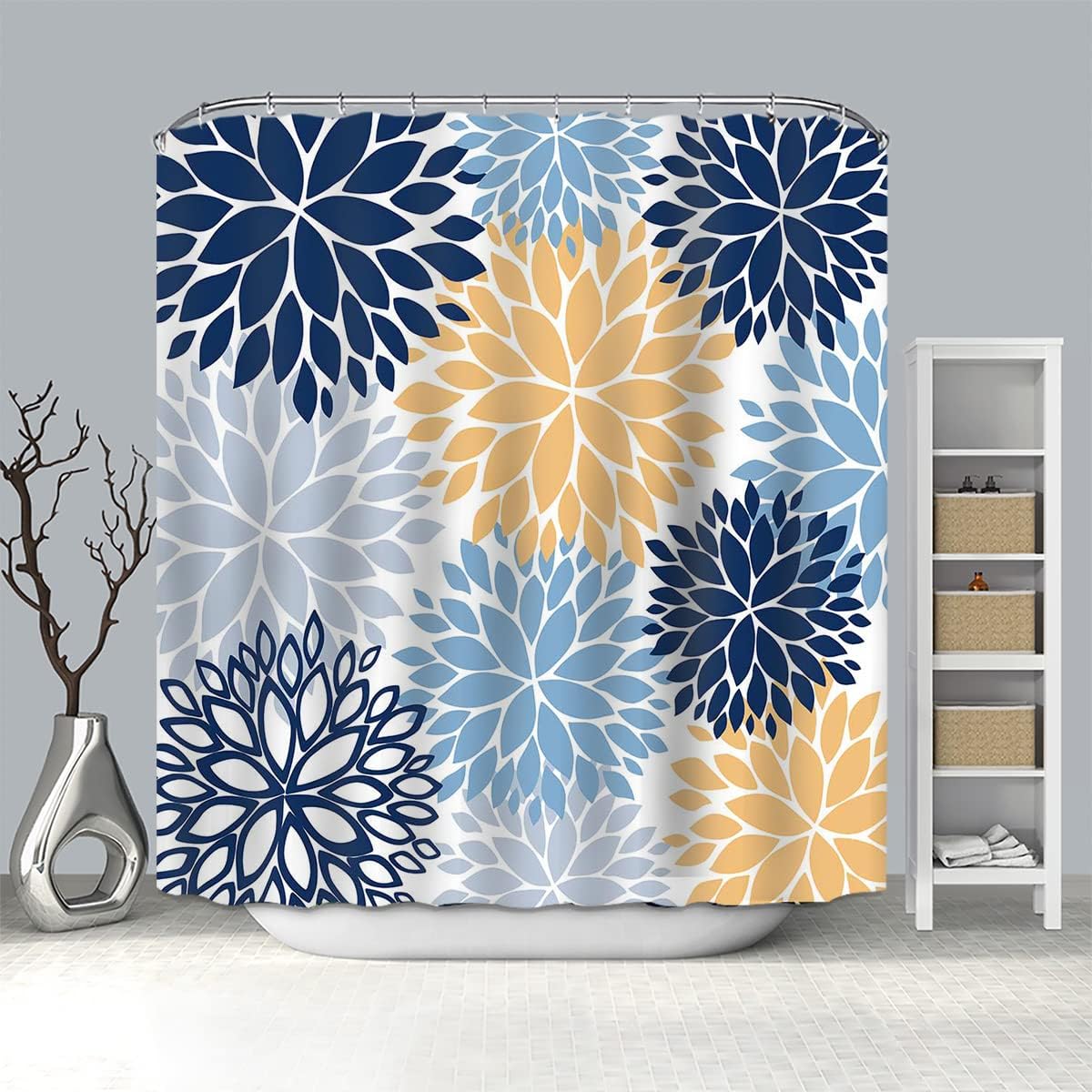 Mocsicka Cortina de ducha con flores de dalia azul, amarillo y azul marino, cortina de ducha floral de primavera para baño con 12 ganchos, 72 x 72