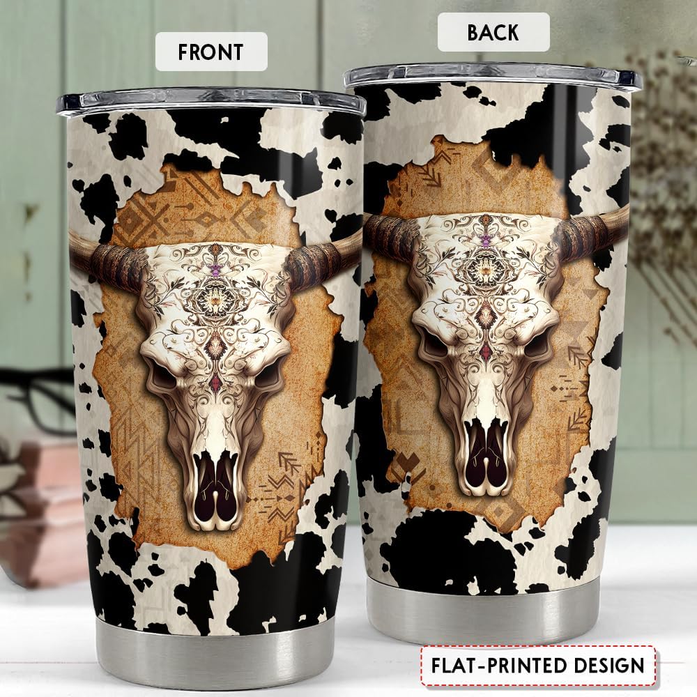 SANDJEST Vaso térmico de acero inoxidable de 20 onzas con diseño de calavera de vaca, taza de viaje para café, regalos para hombres y mujeres,