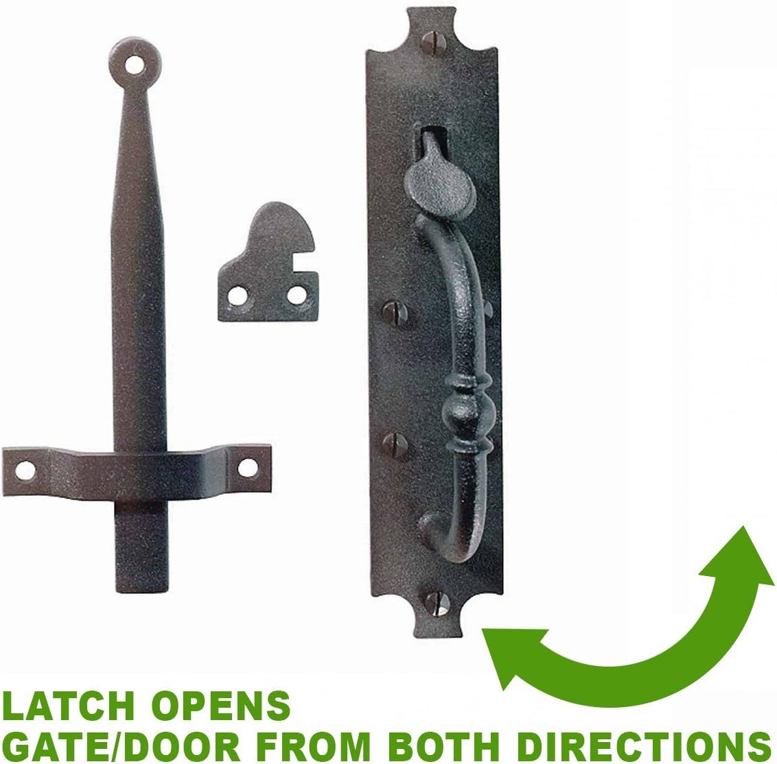 Renovators Supply – Pestillo de puerta Norfolk de hierro fundido negro, resistente y decorativo, ideal para puertas y puertas, pestillo de puerta