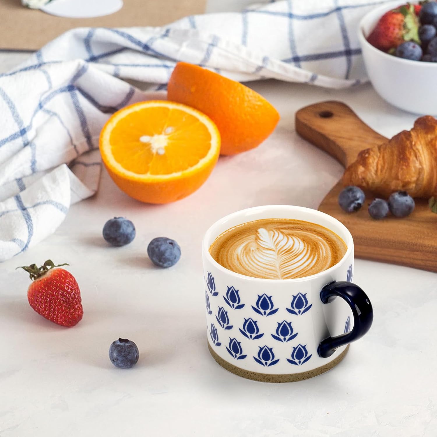 Coloch Paquete de 4 tazas de café de cerámica con asa, tazas de café azules de 14 onzas, tazas de café impresas a mano, tazas de té de cerámica para