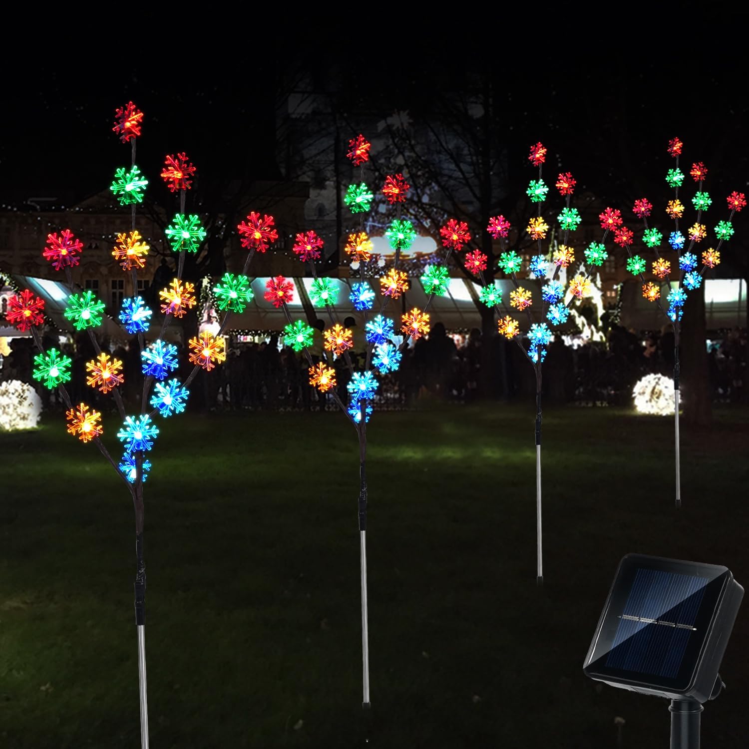 Aovciust Decoraciones de Navidad al aire libre, 4 juegos de luces solares para árbol de Navidad con 80 luces C6 multicolor de copo de nieve,