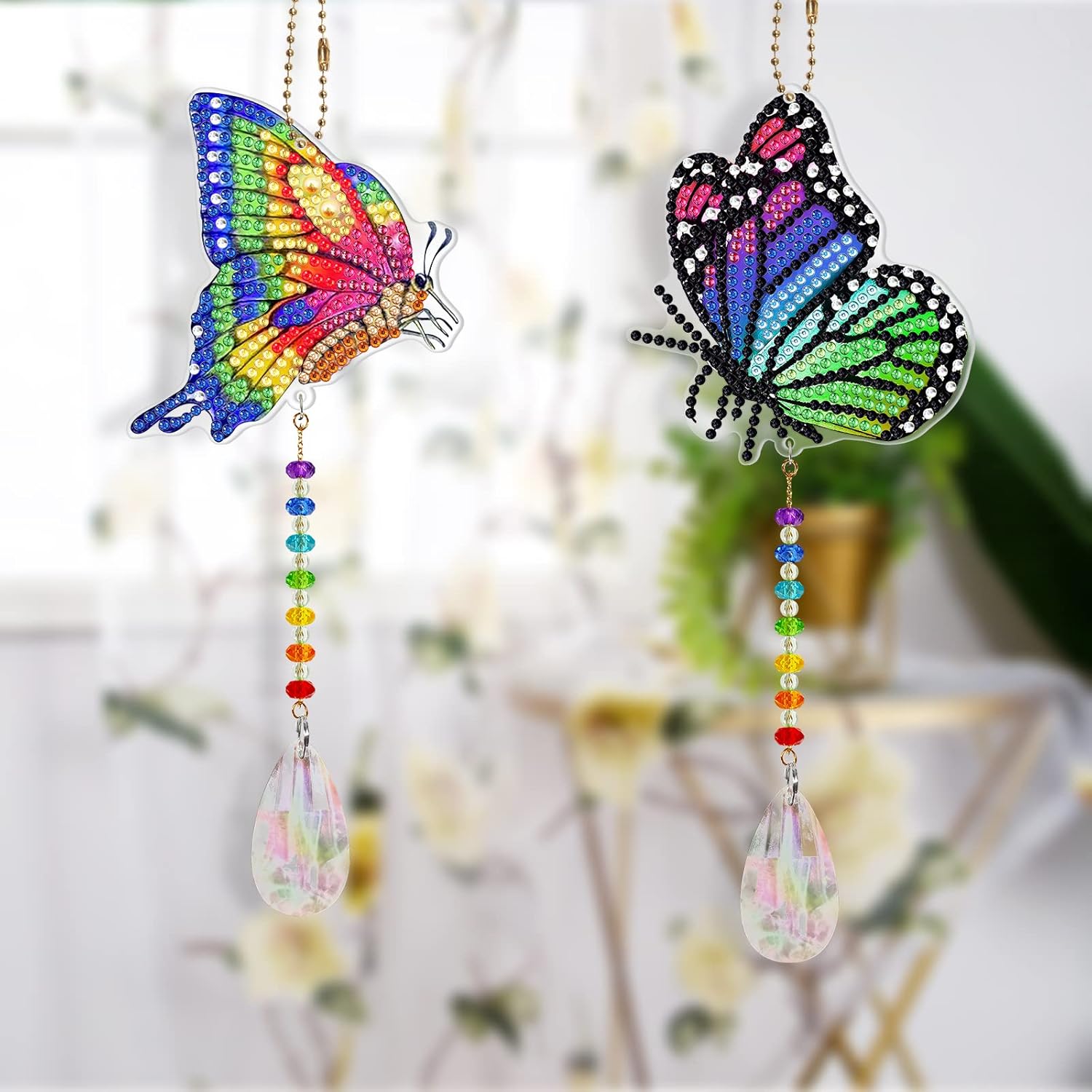 DIY – Juego de 2 piezas de pintura de diamantes de mariposa colorida 5D para adultos, arte de diamantes de mariposa de cristal, adorno colgante para