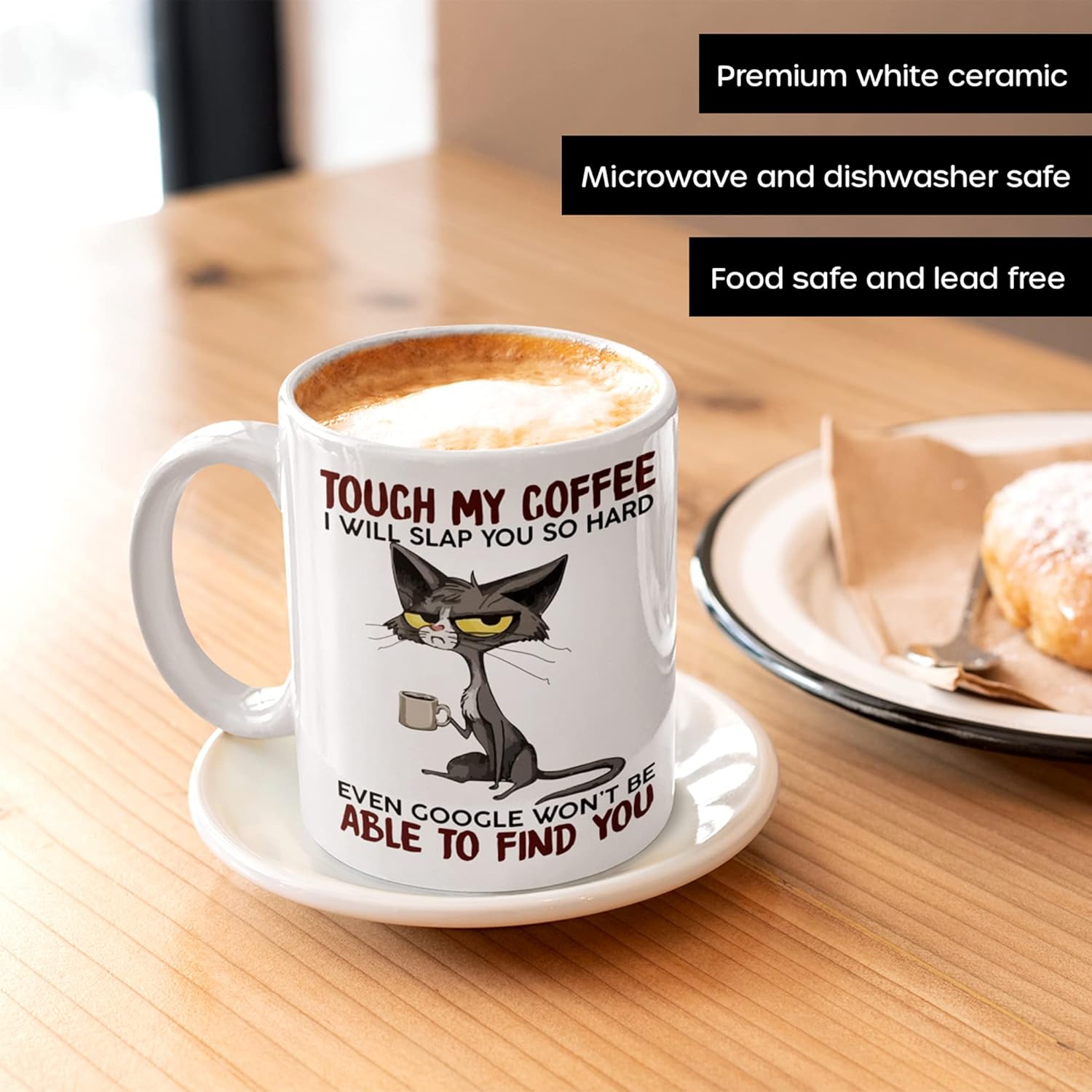 Taza Grumpy Cat con texto en inglés “Touch My Coffee I’ll Slap You So Hard, divertidas tazas, taza de café de cerámica, sarcasmo divertido, regalo