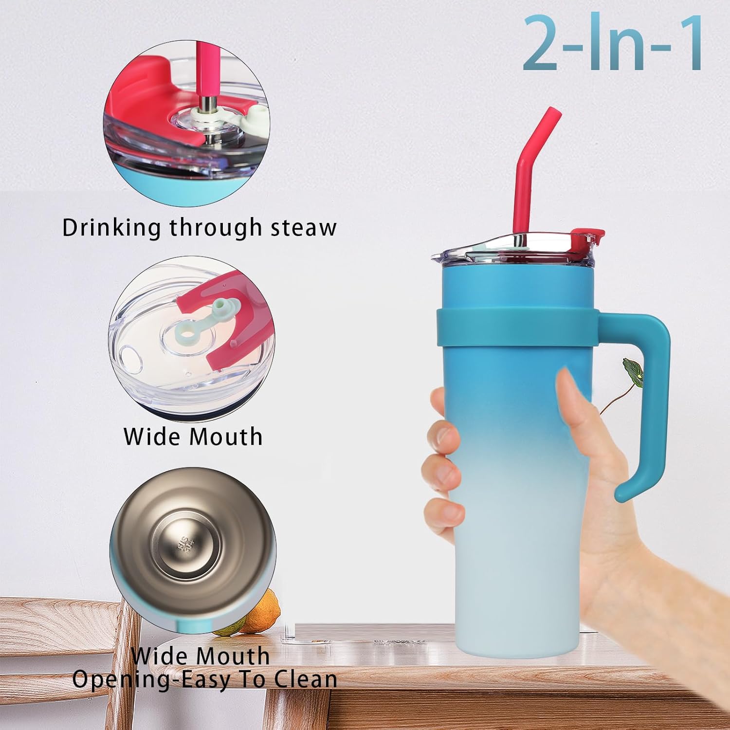 Vaso de 40 onzas con asa, a prueba de derrames, botella de agua, taza de café, taza térmica de viaje, para oficina, deporte, bebida helada, bebidas