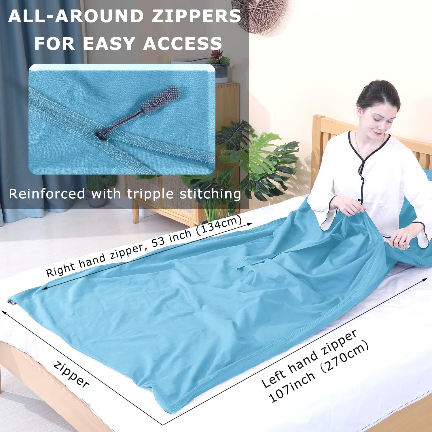 Forro para saco de dormir 100% algodón con cremalleras completas, saco de dormir grande de 87 x 43 pulgadas para adultos para viajes y campamentos,