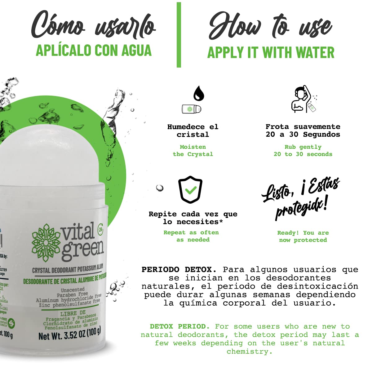 Vital Green Crystal Potassium Alum Desodorante  Desodorante mineral sin perfume para hombres, mujeres y atletas  3.53 oz  100 g (2 unidades)