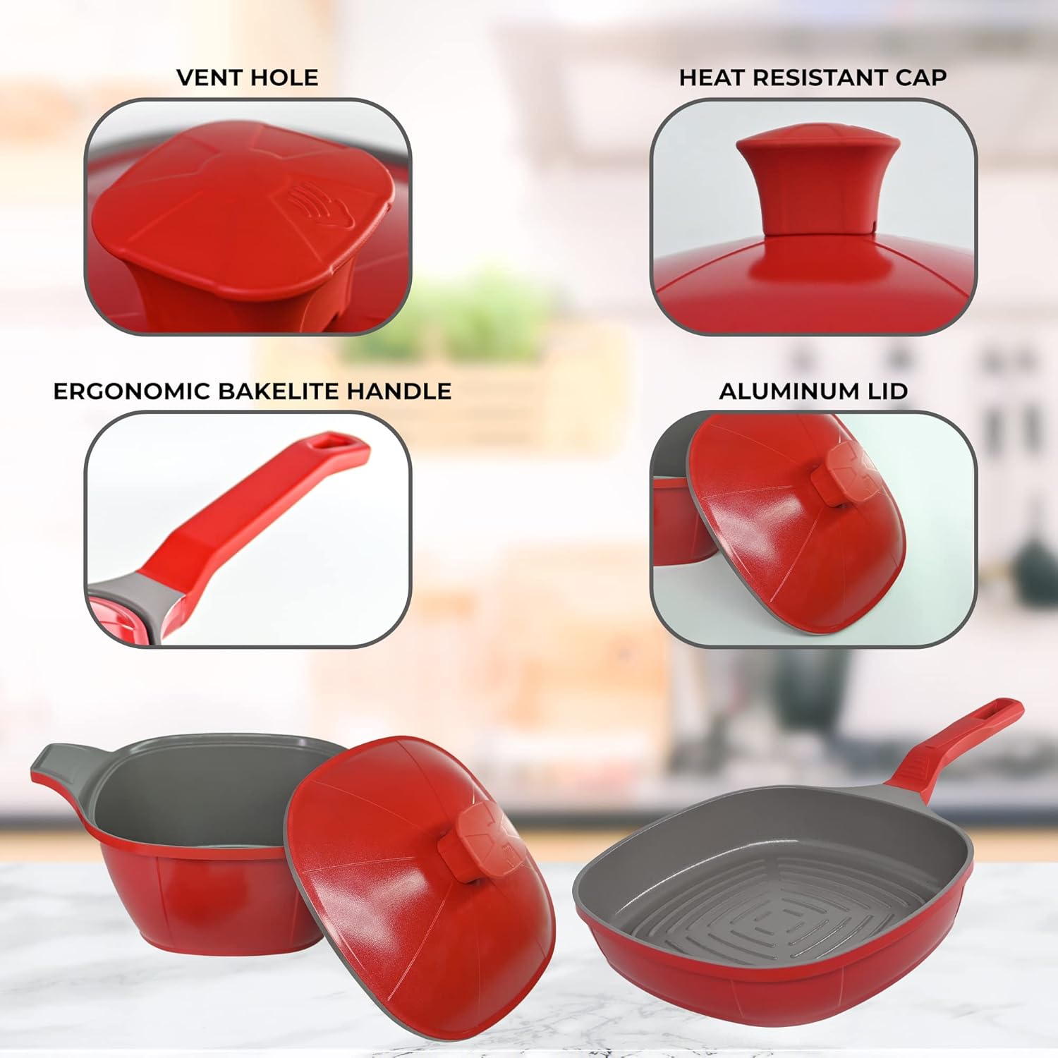 Luxury Cast Aluminum Complete “Cookware Set”  Premium Design  – Nonstick, All Stovetops (Matrix) (Induction) (11 Pcs – Ceramic Red)