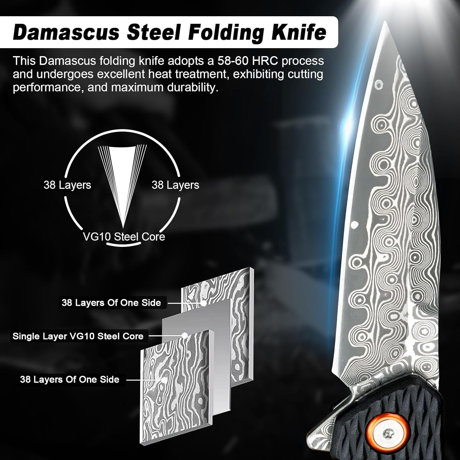 Zingbee Cuchillo de bolsillo de damasco, asas de aluminio negro, 3.03 pulgadas, cuchillos plegables de hoja de damasco para caza, pesca, camping,