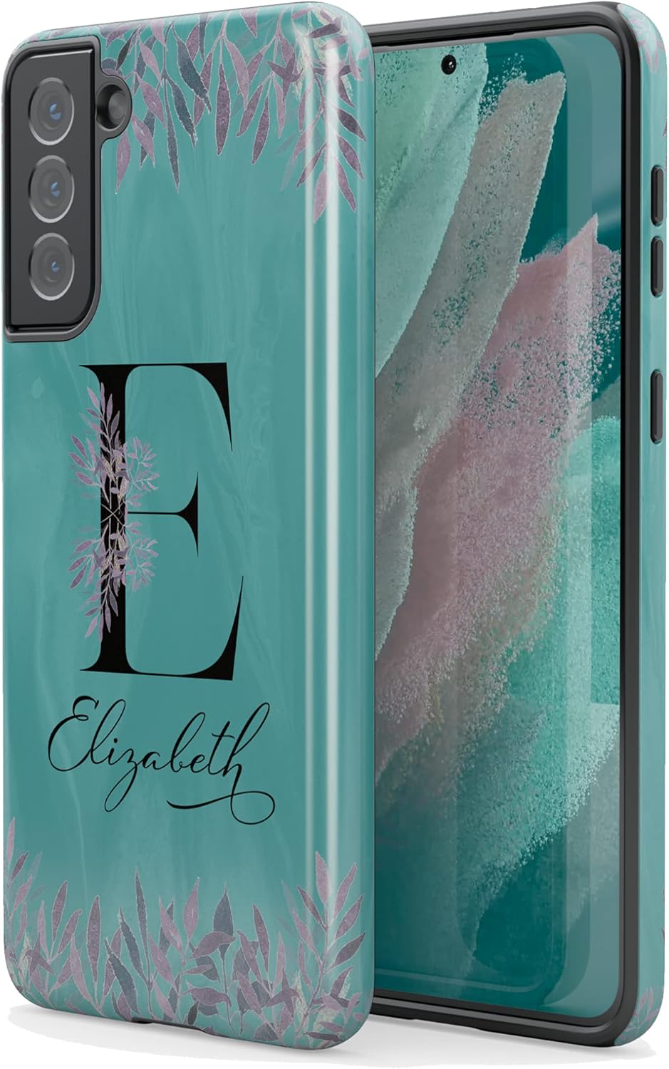 Funda con inicial de monograma verde azulado, diseño floral con nombre, diseñada para Samsung Galaxy S24 Plus, S23 Ultra, S22, S21, S20, S10, S10e,