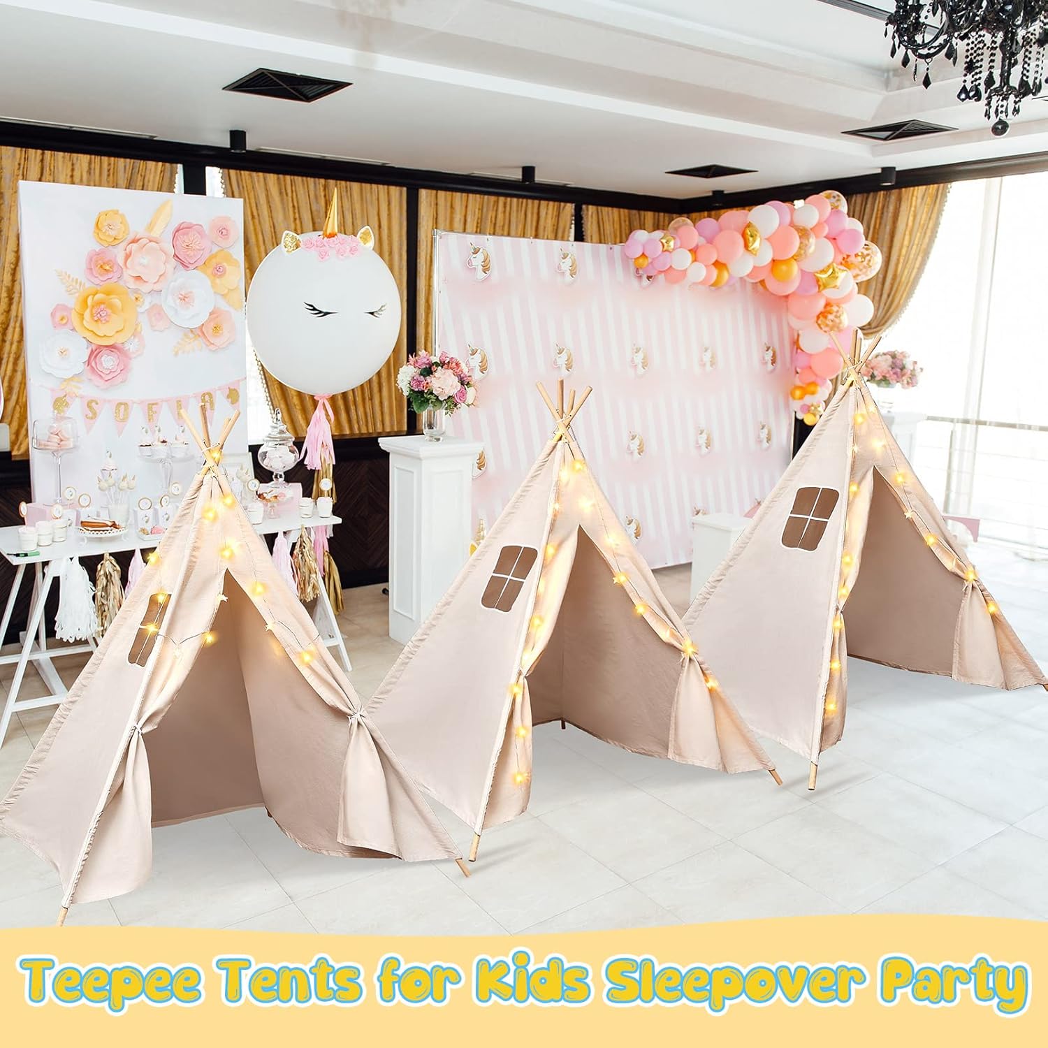 Woanger Juego de 10 tiendas de campaña tipo tipi para niños, de lona de algodón blanco, con luces LED de estrella de 10 pies, tipi para interiores,