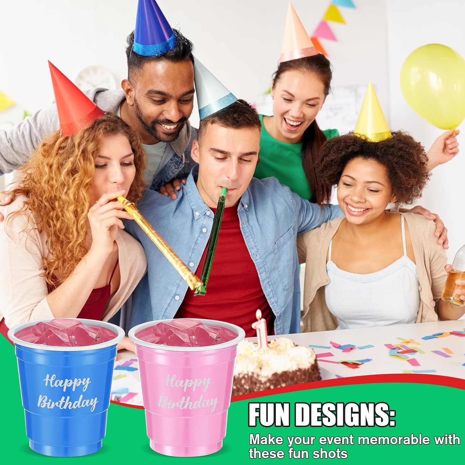 Suttmin 100 vasos de chupito de plástico de 2 onzas, vasos de chupito desechables multicolor, mini vasos para celebrar cumpleaños, tazas de alegría