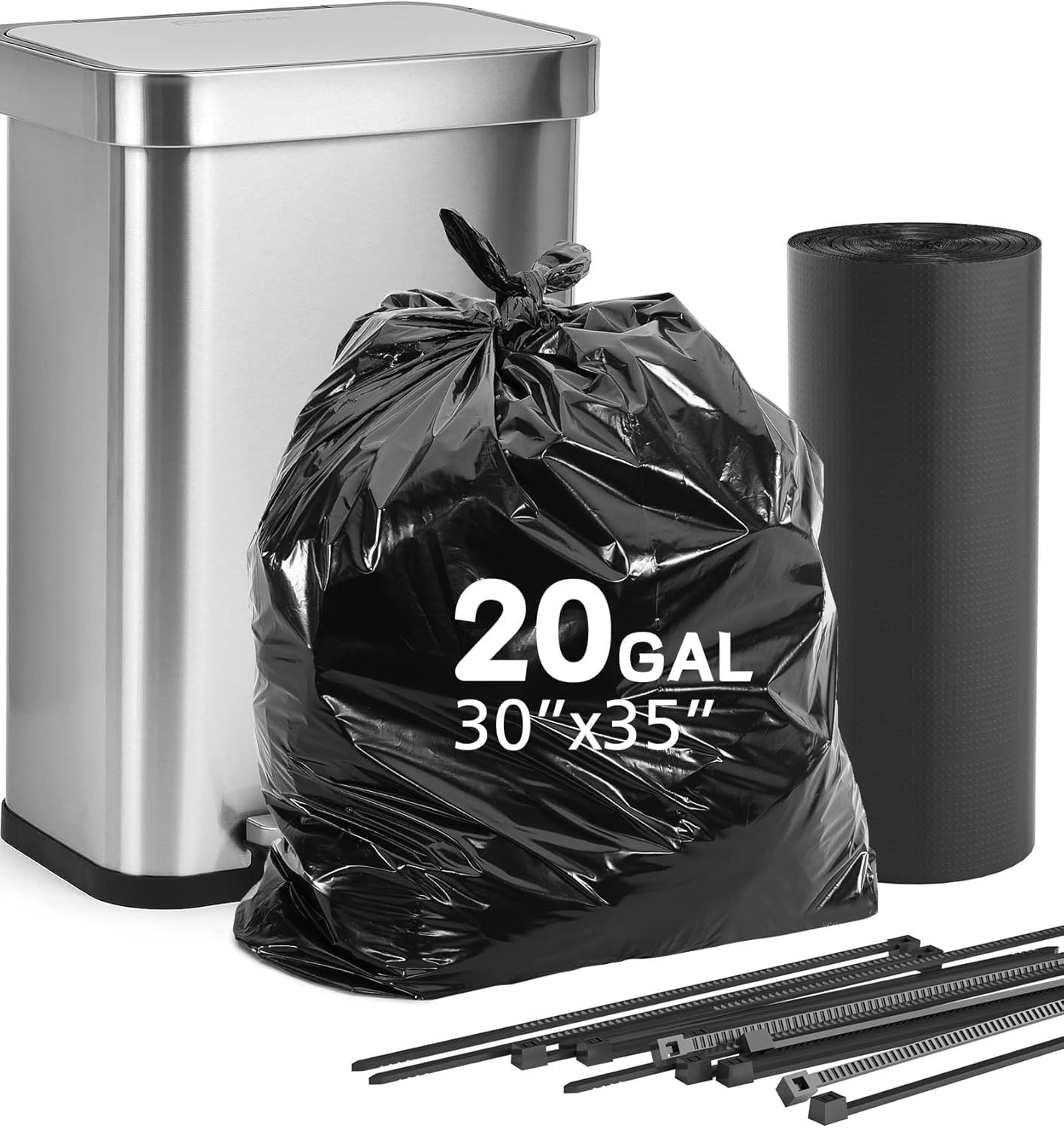 AYOTEE – Bolsas de basura grandes de 20 galones de color negro, de 30 x 35 pulgadas, de 20 galones de alto, con lazos, bolsas de basura de plástico