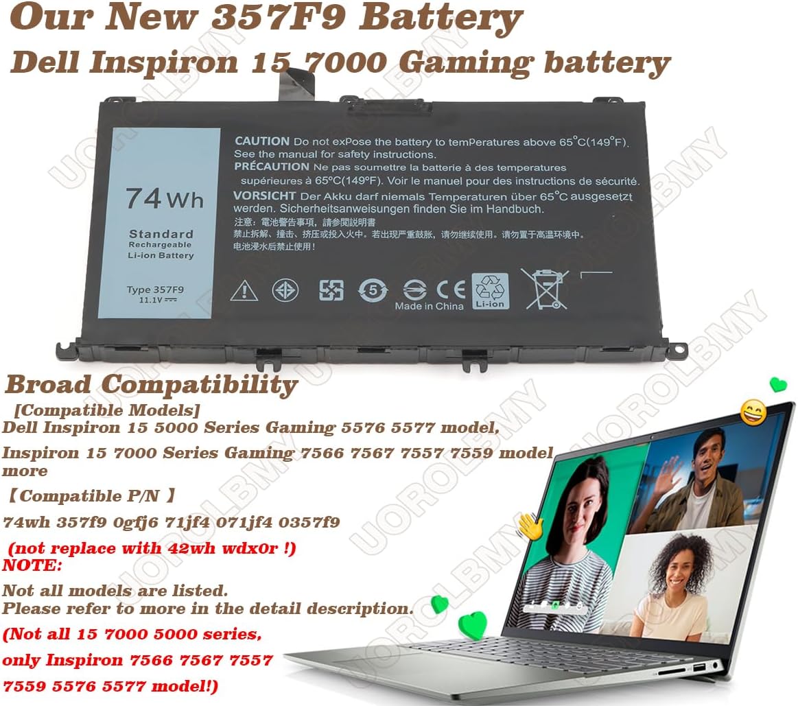 Batería de repuesto 74WH tipo 357F9 71JF4 para Dell Inspiron 15 7000 7559 i7559 7557 i7557 5577 7567 5576 7566 INS15PD Series 15-7559 0GFJ6 P135G