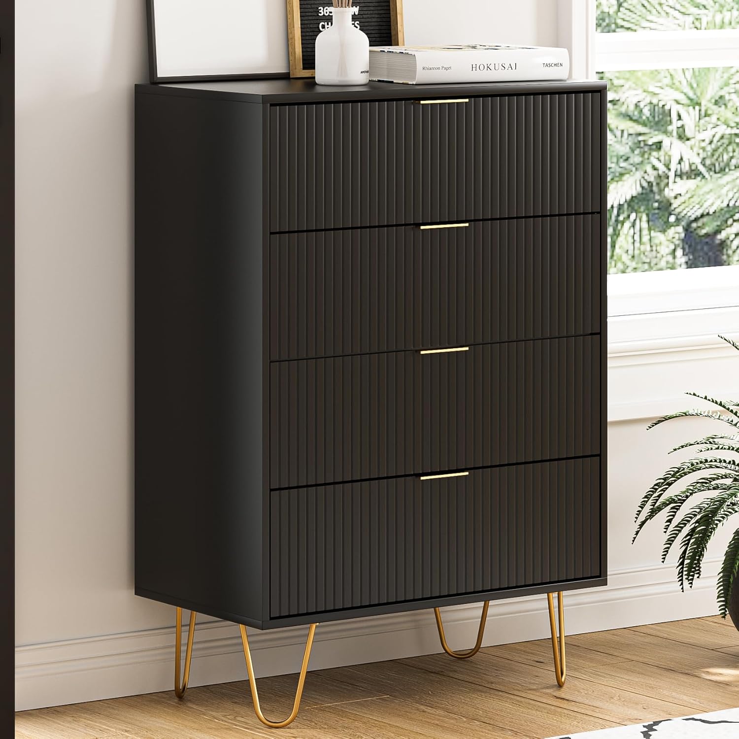 Cómoda de 4 cajones, cajón, armario de almacenamiento alto con patas de metal, cómoda pequeña para dormitorio, sala de estar, armario, pasillo,