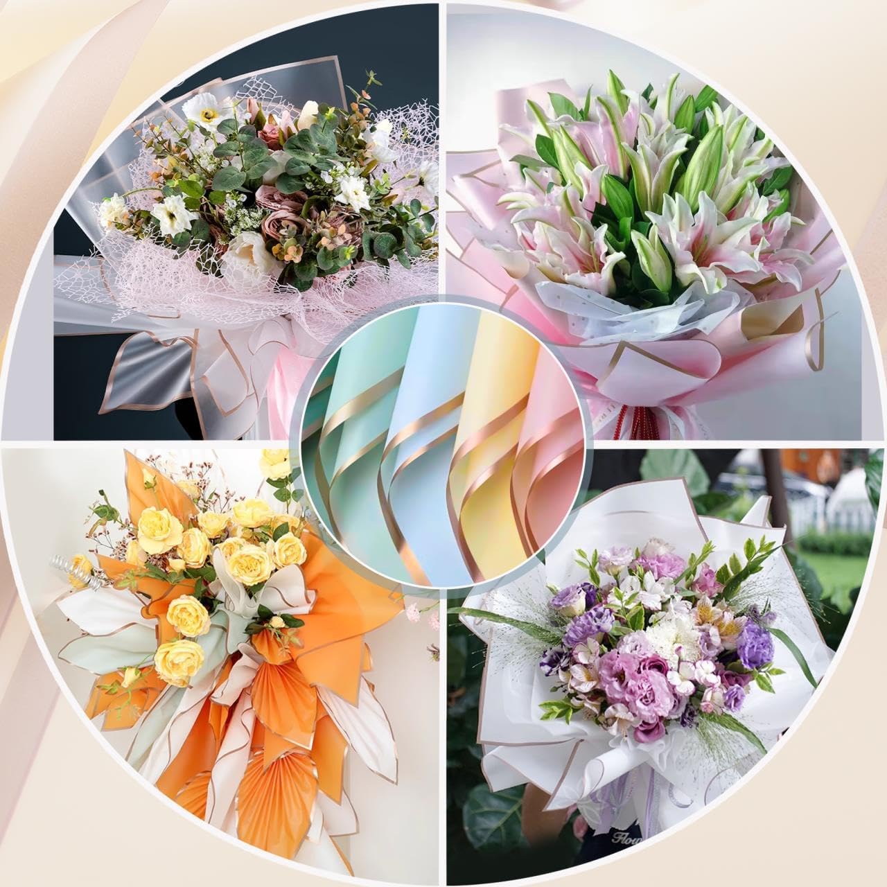 ARIFLOR 20 hojas de papel de ramo de flores impermeables con borde dorado, 20408, papel de regalo de Navidad, embalaje de regalo, manualidades de