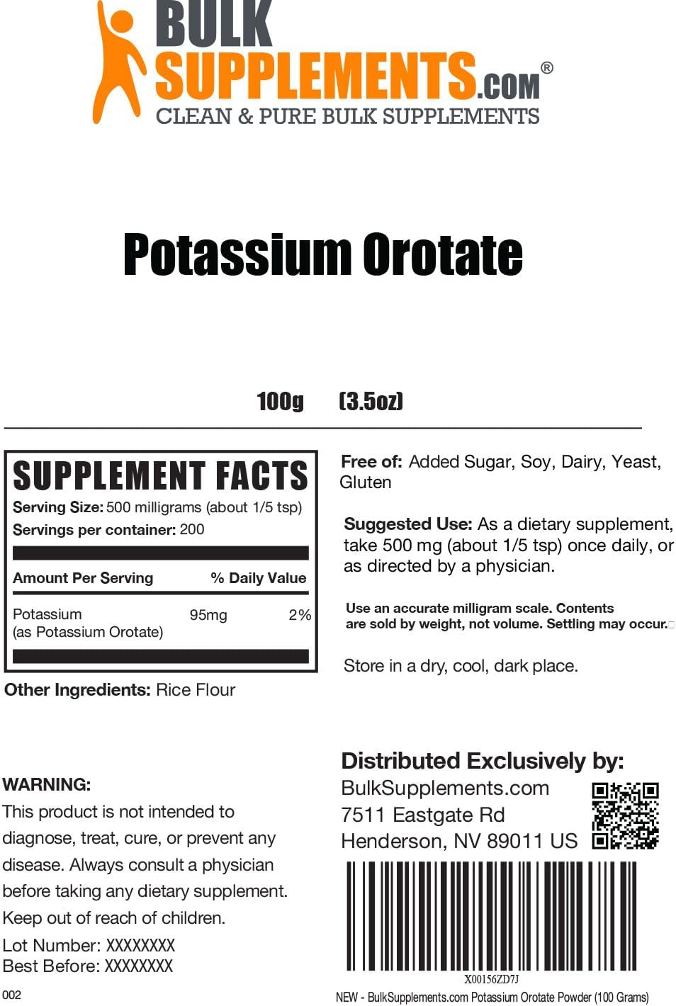 BulkSupplements. com Polvo de orrotato de potasio – Suplemento de potasio en polvo – Sal de potasio – Suplemento de potasio – Polvo de potasio – 500
