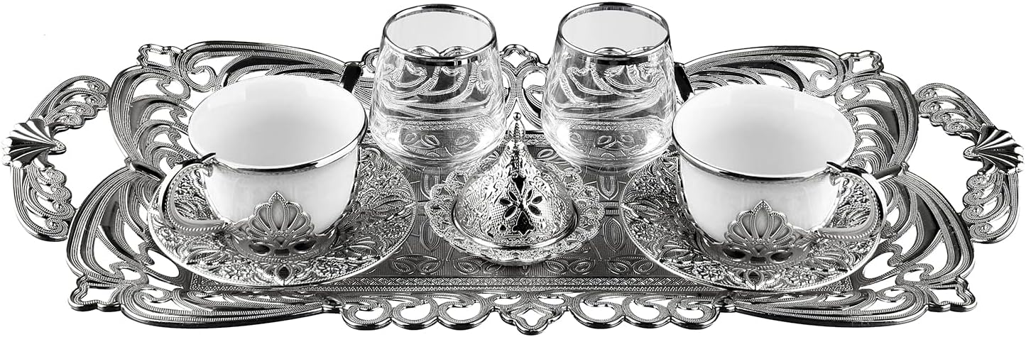 Juego de 2 tazas de café turco hechas a mano con vasos, platillos, portavasos, cuenco para dulces y bandeja, tazas de café expreso para una