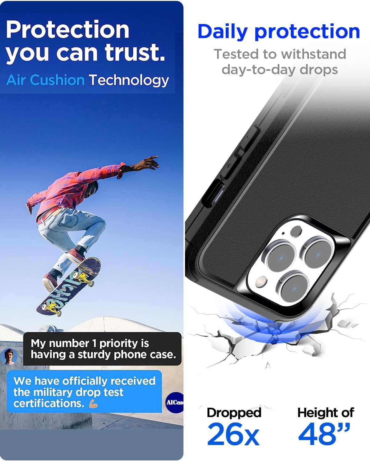 AICase Funda para cinturón compatible con iPhone 15 Pro + protector de vidrio + lente de cámara, resistente de 3 capas de protección de grado