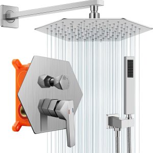 Juego de grifo de ducha de 10 pulgadas, cabezal de ducha de lluvia de diamante con rociador de mano montado en la pared (níquel cepillado) Juego de grifo de ducha de 10 pulgadas, cabezal de ducha de lluvia de diamante con rociador de mano montado en la pared (níquel cepillado)