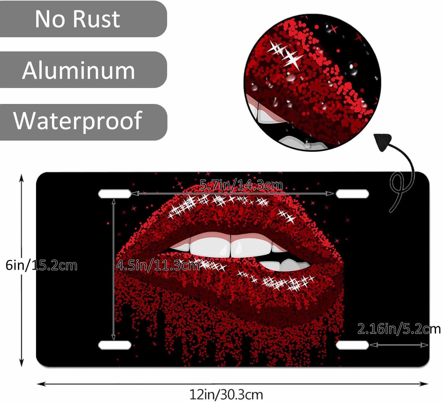 Beabes Cubierta de matrícula frontal de labios rojos, labios sexys para mujer, diseño de labios brillantes para mujer, placas decorativas para