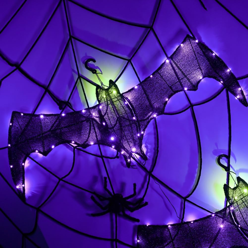 Decoración de murciélago colgante de Halloween, murciélago con purpurina con 45 luces moradas para Halloween, pared, puerta delantera, porche,