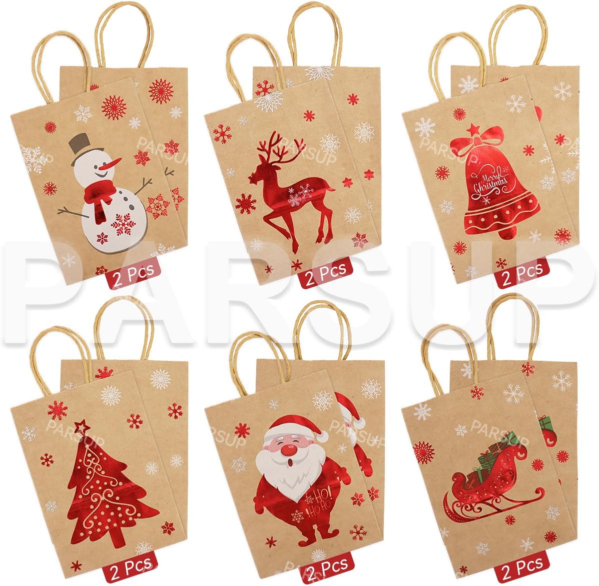 Bolsas de regalo de papel kraft de Navidad, 12 unidades de estilos surtidos, bolsas de papel pequeñas de Navidad con asas, bolsas de regalo de