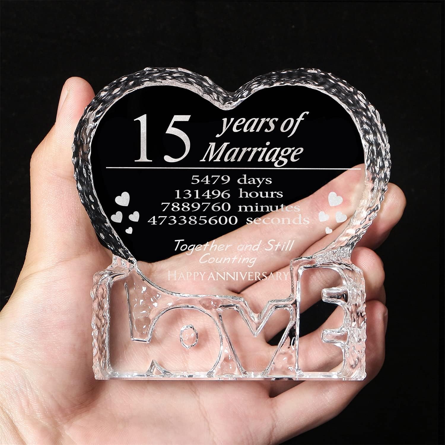 KWOOD Cristal grabado personalizado en forma de corazón, regalo de boda de 15 aniversario para parejas, esposa, novia, marido, novio (15 aniversario)