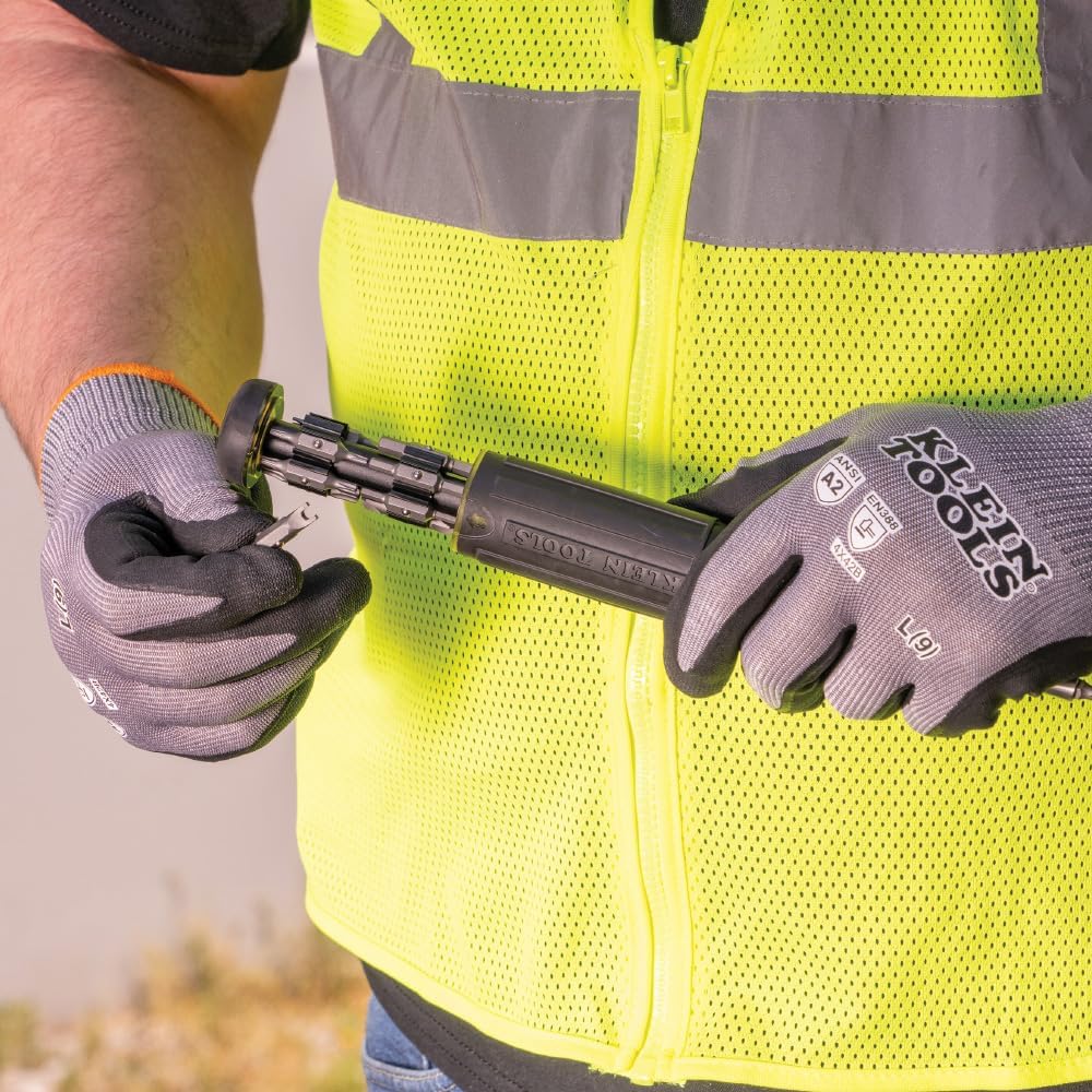 Klein Tools – Guantes de trabajo, guantes de punto resistentes a cortes ANSI A2 recubiertos de nitrilo, tela HPPE, aptos para pantalla táctil