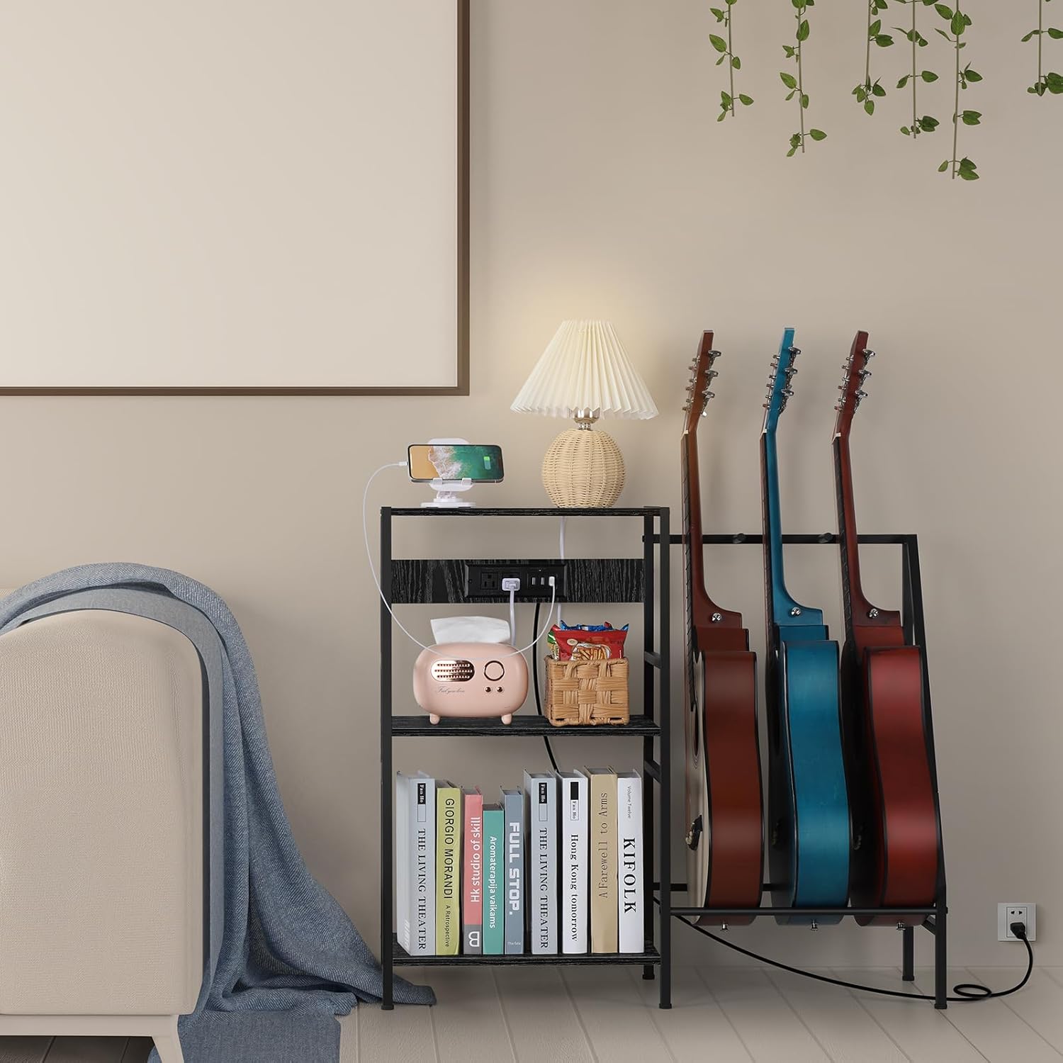 Soporte para guitarra, soporte para tocadiscos, soporte para guitarra con estación de carga, soporte de exhibición de guitarra con almacenamiento de