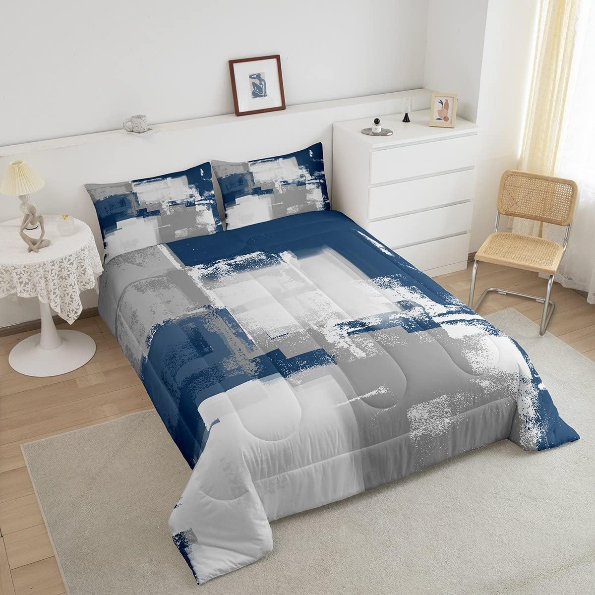 Juego de edredón de acuarela azul marino, tamaño Queen, juego de ropa de cama con grafiti gris y blanco para niños y niñas, relleno de edredón de