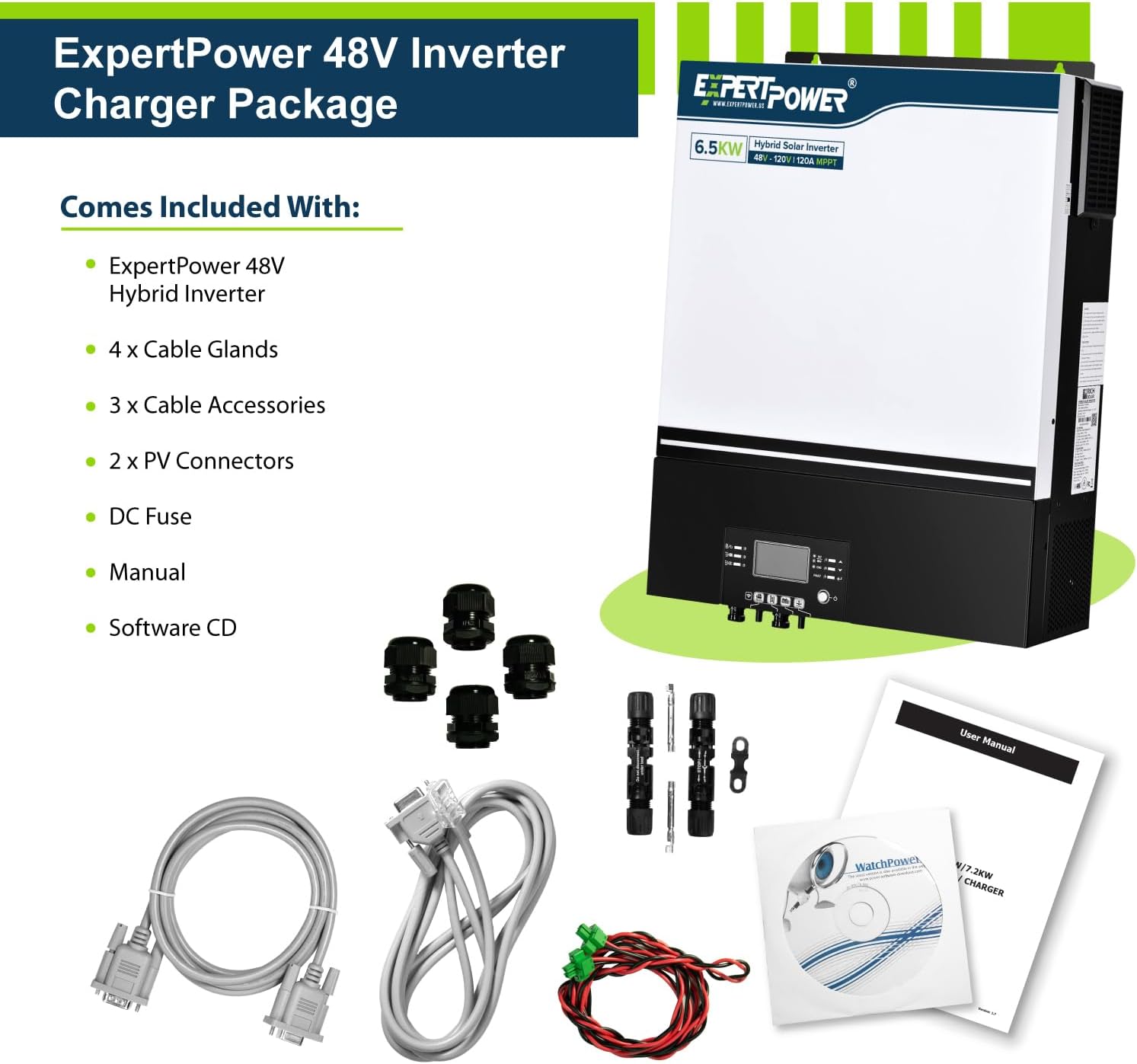 ExpertPower Inversor solar híbrido de 6500 W 48 V – 120 V  Controlador solar MPPT de 120 A  Fase dividida de 120 V240 V (2 unidades necesarias)