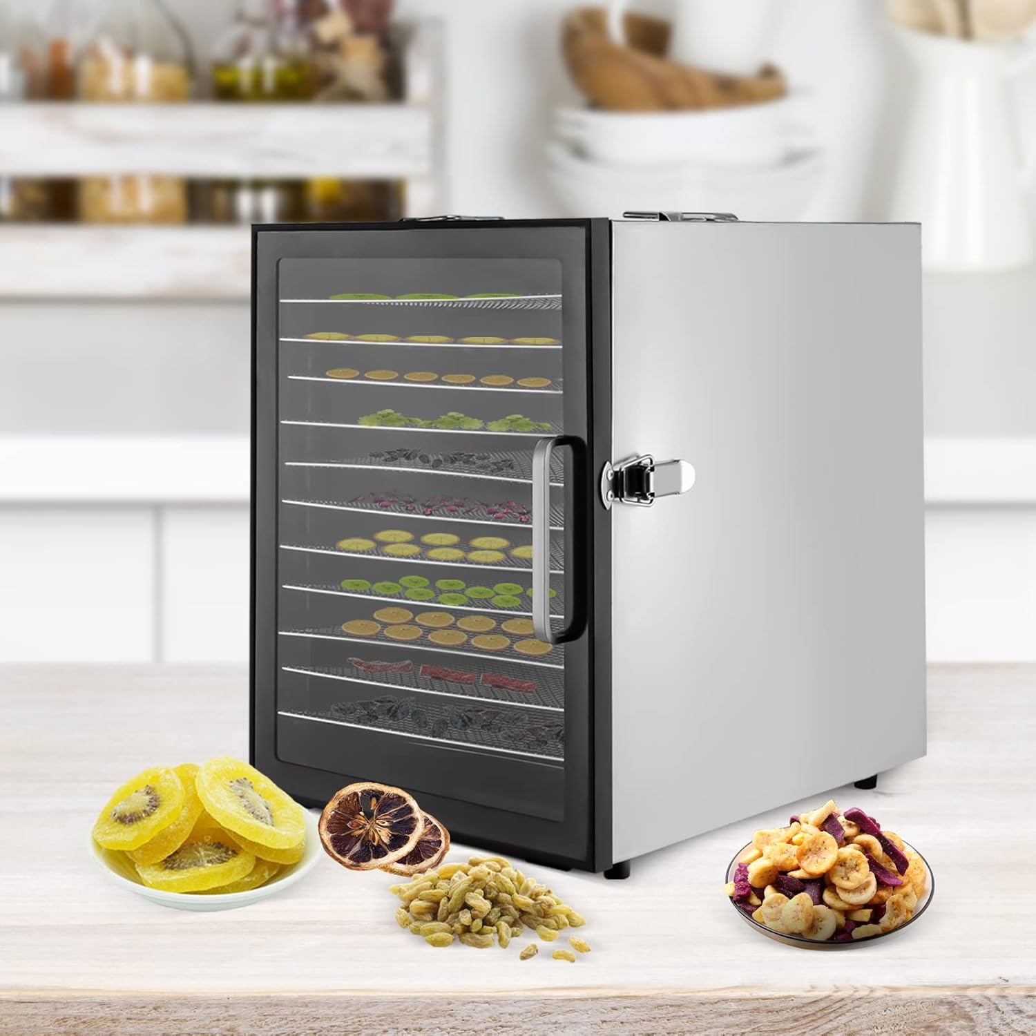 Deshidratadores de alimentos para encimera, máquina secadora de acero inoxidable con temporizador ajustable, control de temperatura de 86.0-176.0 F