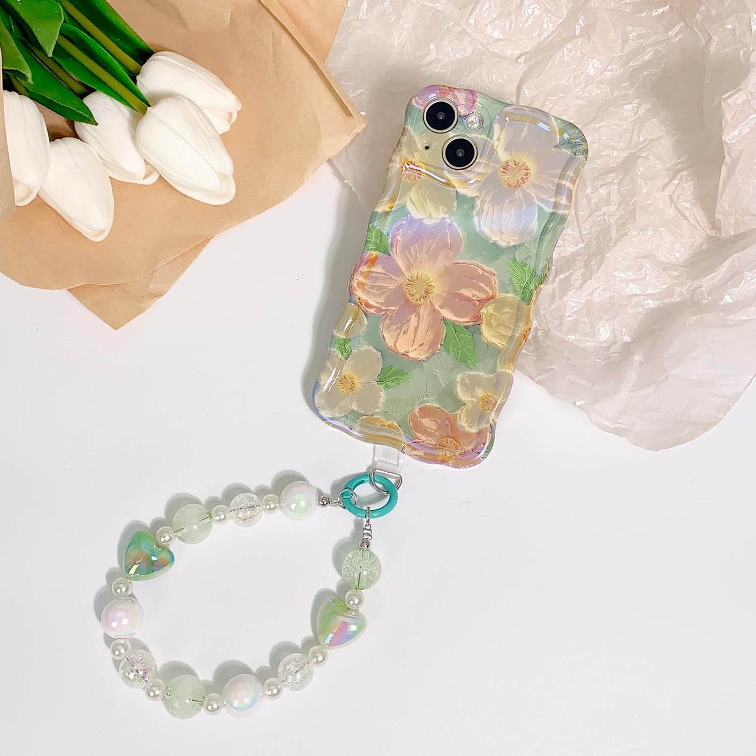 NITITOP Funda compatible con iPhone 13, bonita funda de pulsera floral de flores de aceite con bonita correa de muñeca verde para mujeres y niñas,