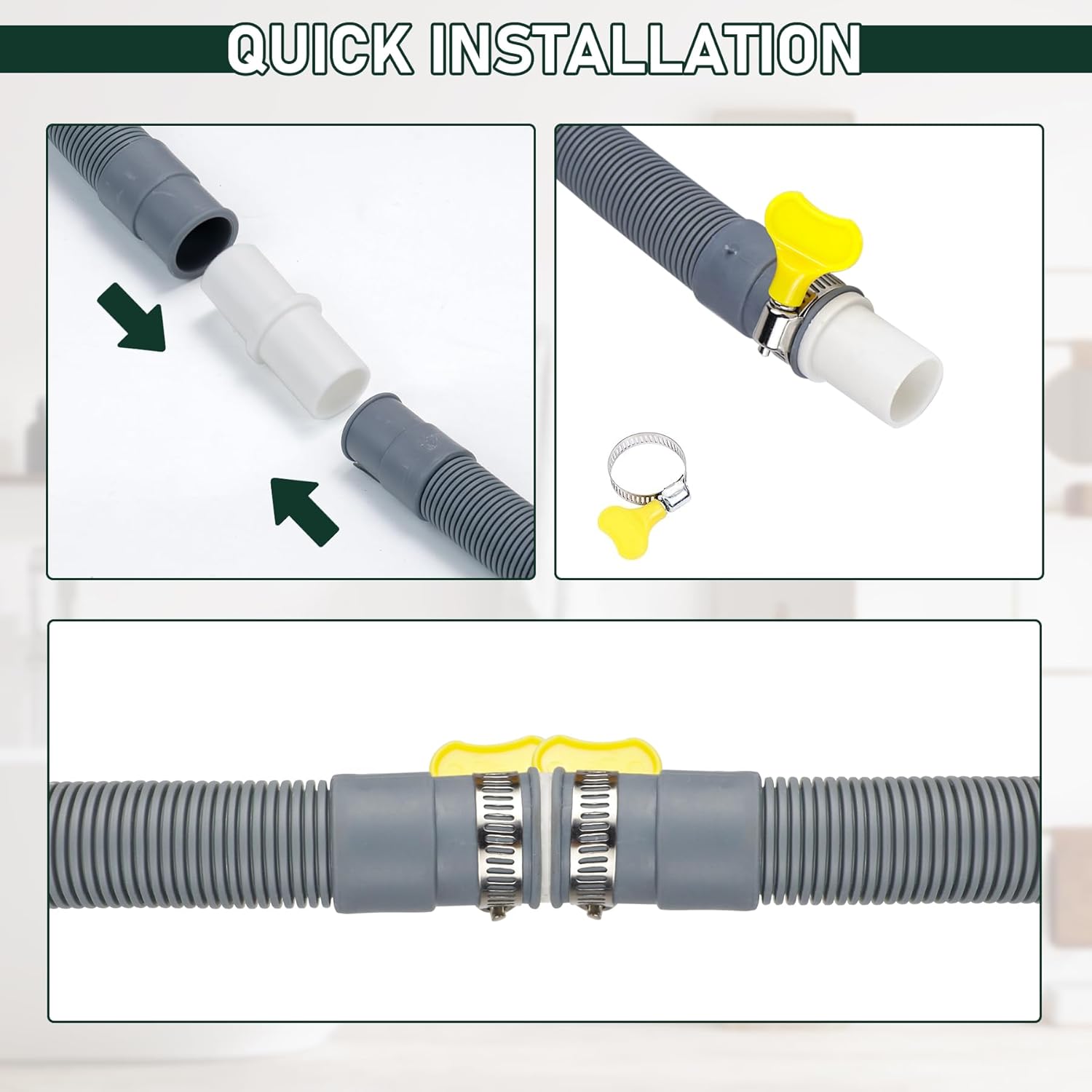 Kit de extensión flexible de manguera de drenaje para lavadora, manguera de drenaje universal corrugada para lavavajillas con 1 soporte de manguera
