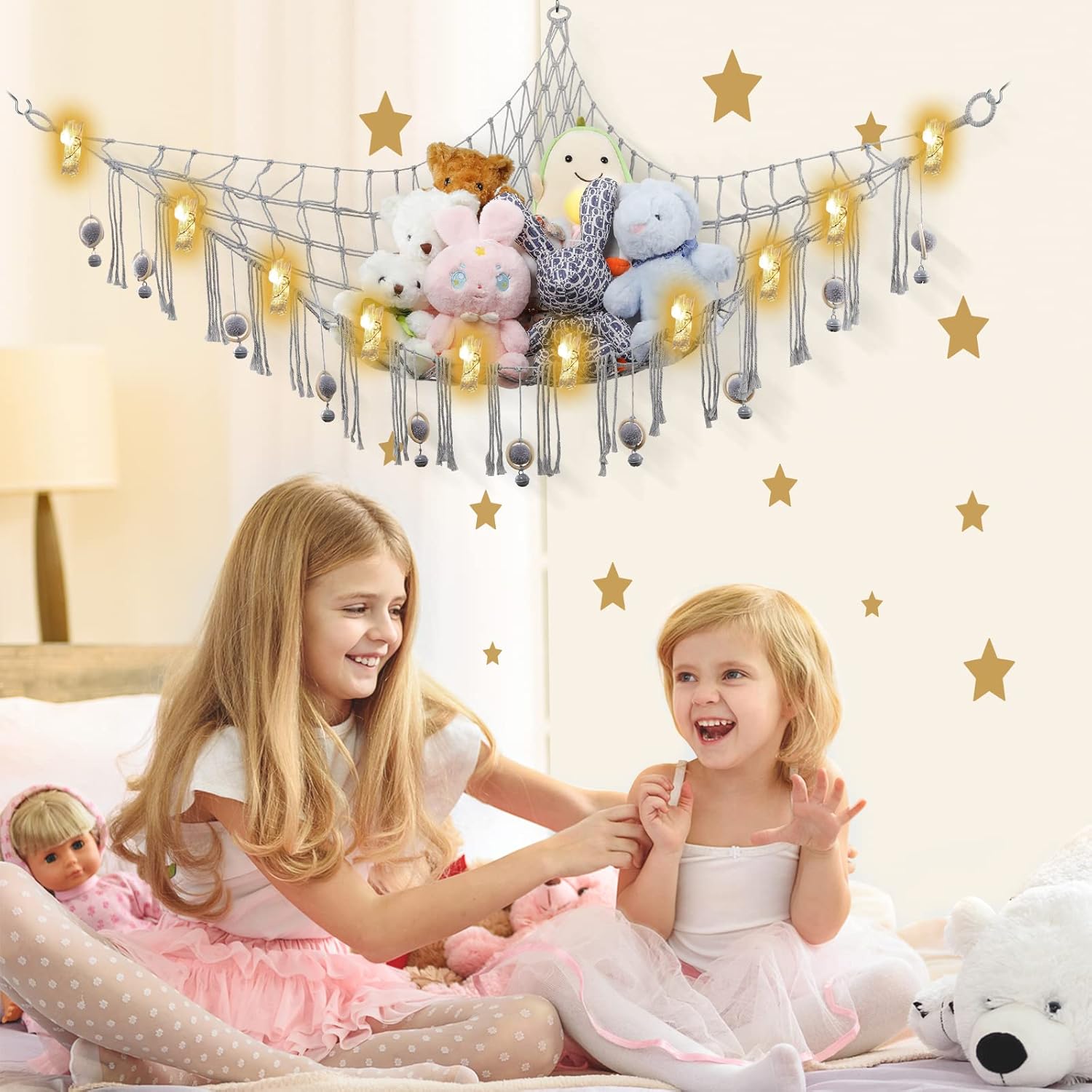 FAIRYBIRD Hamaca de animales de peluche con luces de color, almacenamiento de animales de peluche de macramé, hamaca de juguete colgante para oso de