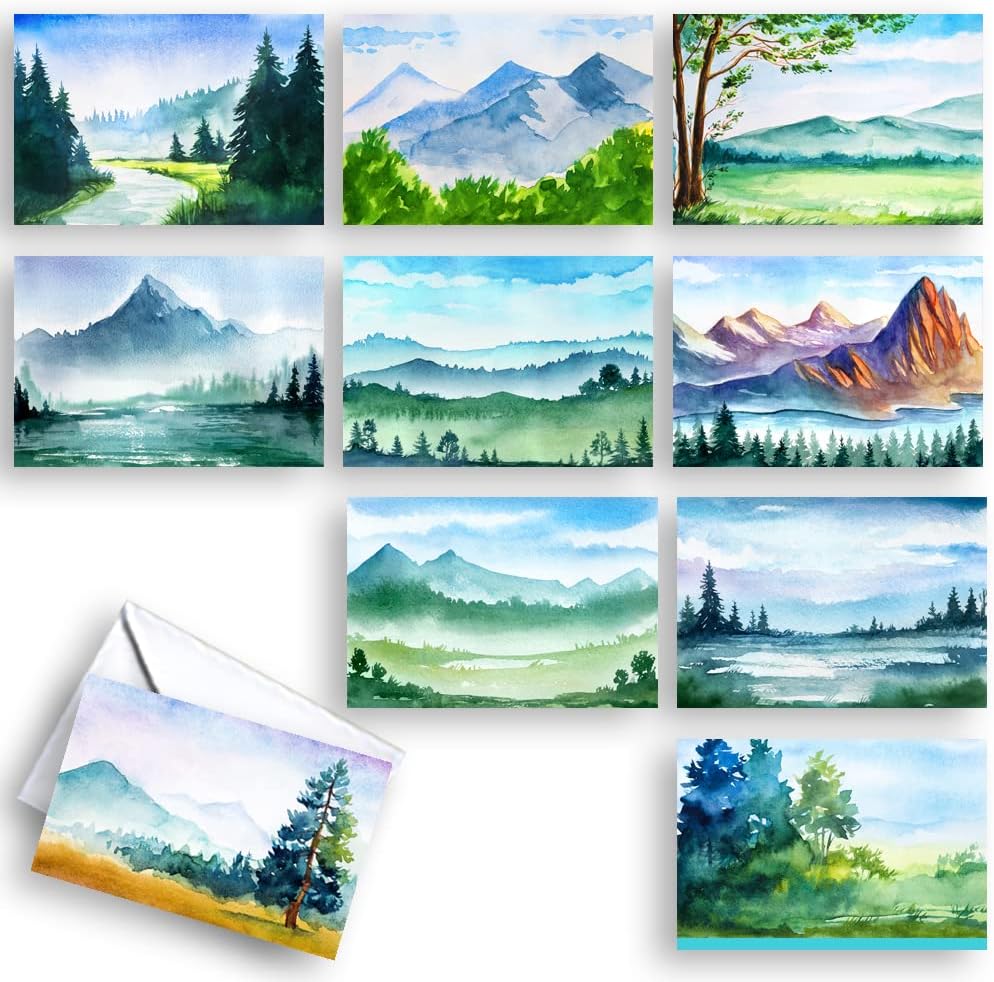 Wright Home & Gift Watercolor Landscapes – Tarjetas de felicitación en blanco para todas las ocasiones  Paquete de 10 surtidos a granel + 10 sobres