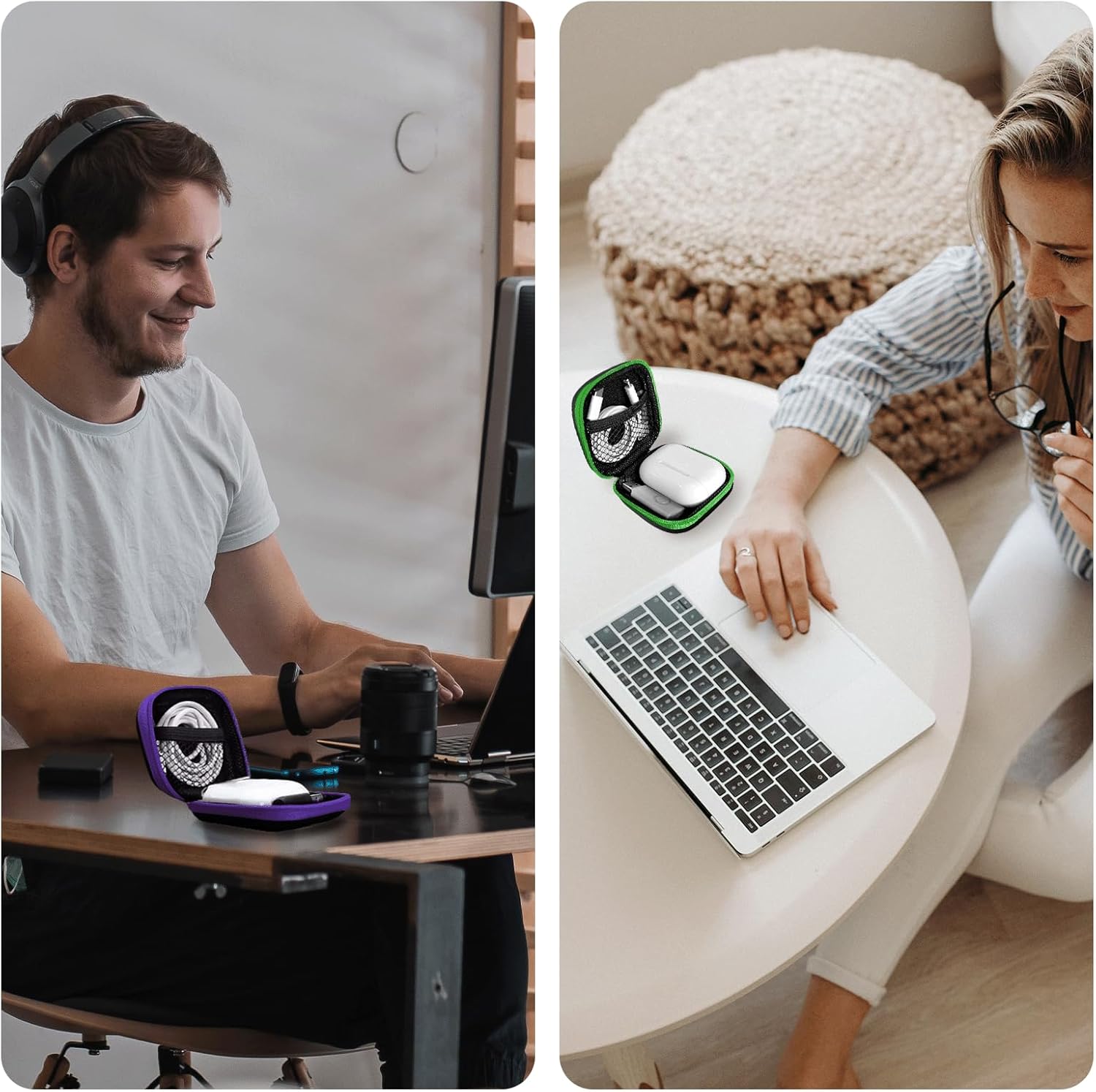 MOLOVA Paquete de 2 fundas cuadradas para auriculares, estuche portátil de EVA para almacenamiento, accesorios para teléfono celular, organizador