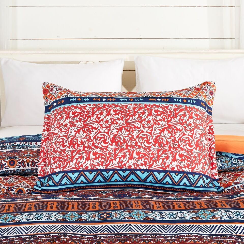 Chezmoi Collection Shore – Juego de edredón de 3 piezas con estampado bohemio a rayas, tamaño King, medallón floral, colorido, azul marino, naranja,