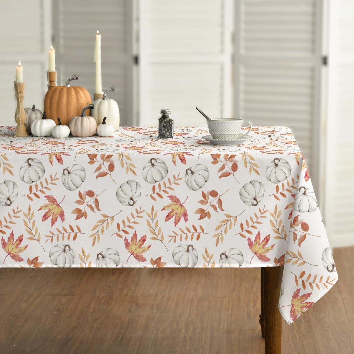 Horaldaily Mantel de otoño de 60 x 104 pulgadas, mantel de Acción de Gracias, cosecha de otoño, calabaza blanca, hojas naranjas, para decoración de
