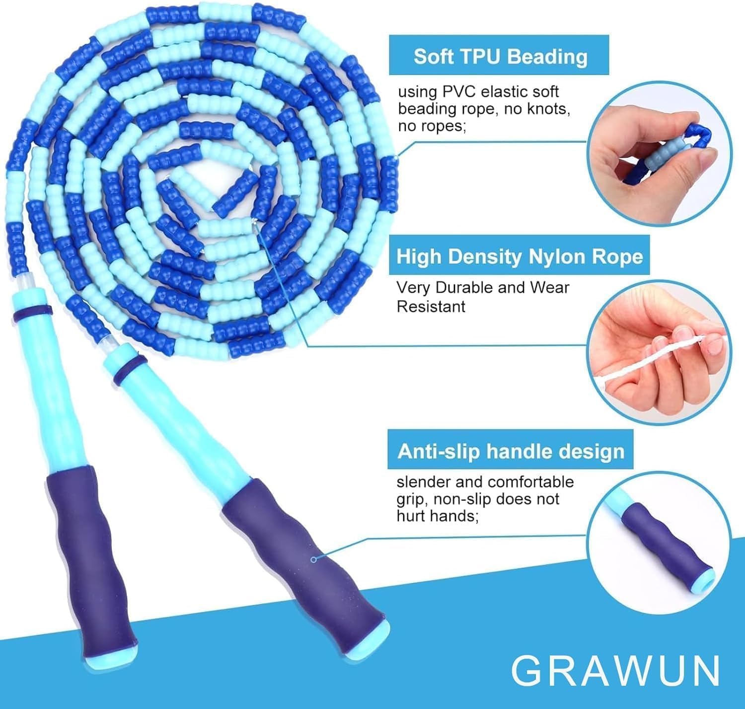 GRAWUN Cuerda de saltar para niños, cuerda de saltar con cuentas suaves, longitud ajustable, sin enredos, cuerda de saltar con cuentas suaves, para