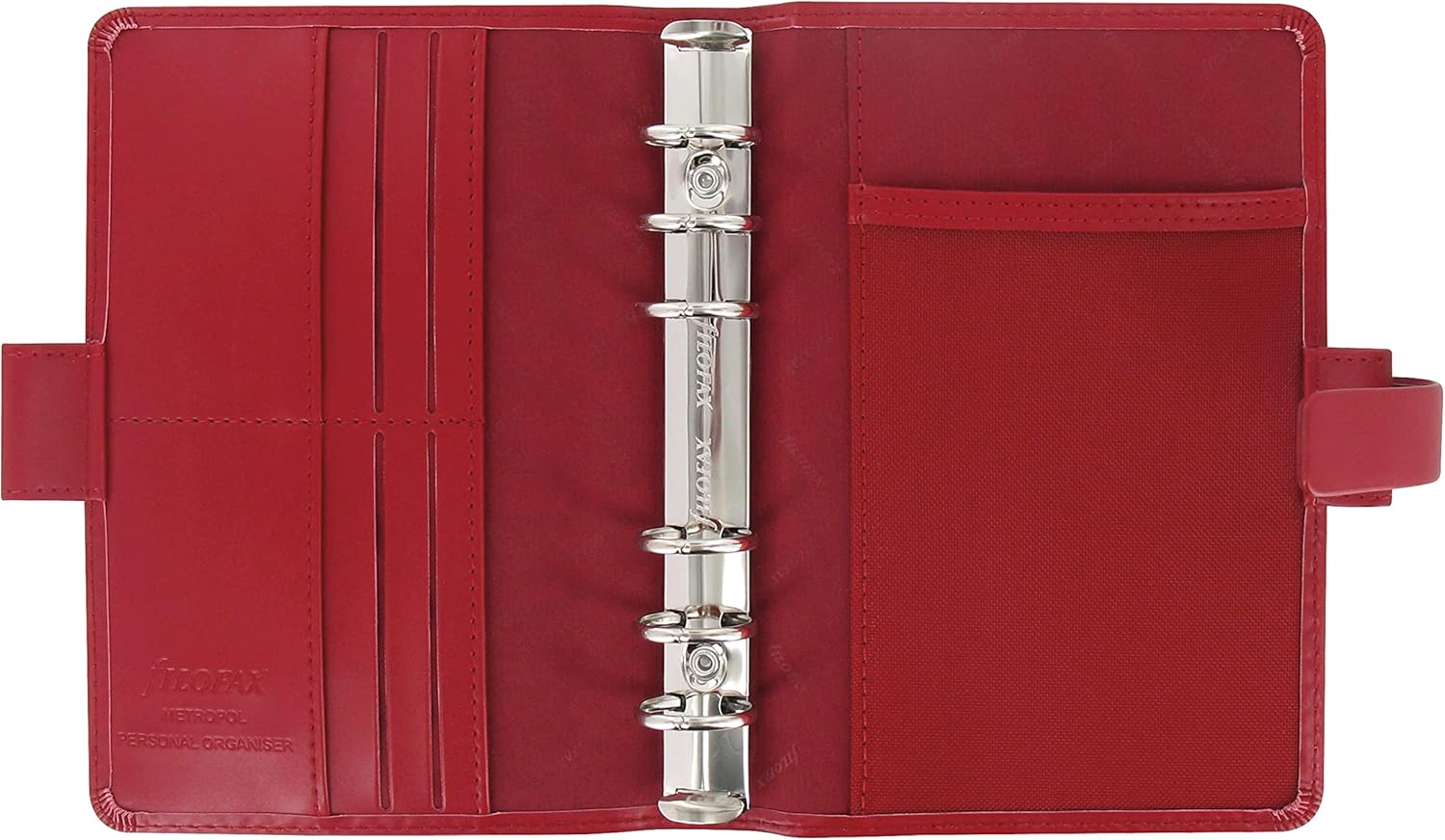 Filofax Metropol – Organizador de tamaño personal, color rojo, aspecto de cuero, seis anillos, calendario semanal para ver, multilingüe, 2024