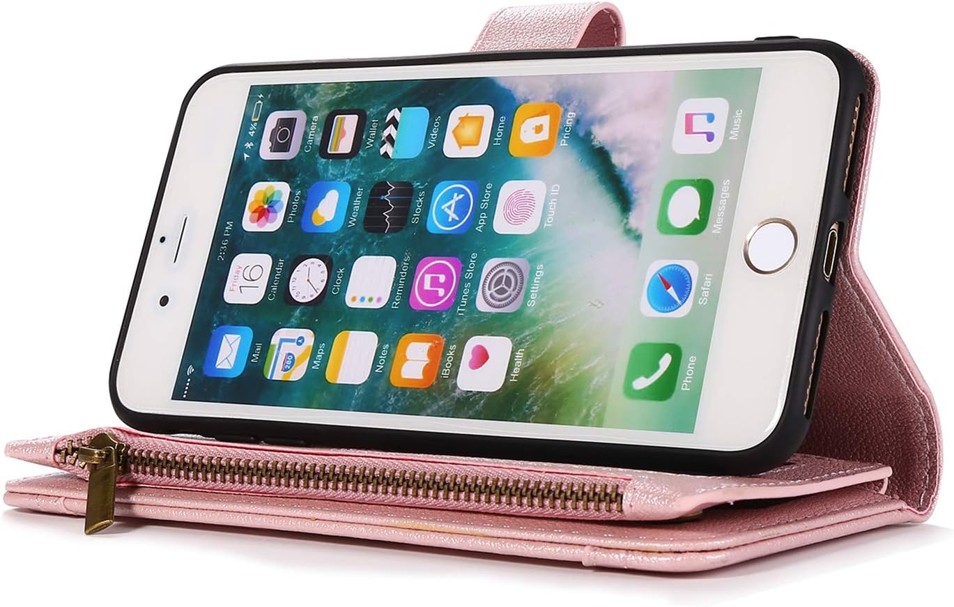QLTYPRI Funda para iPhone 7 Plus 8 Plus, de piel premium, tarjetero con función atril, correa de muñeca, cierre magnético, monedero con cremallera