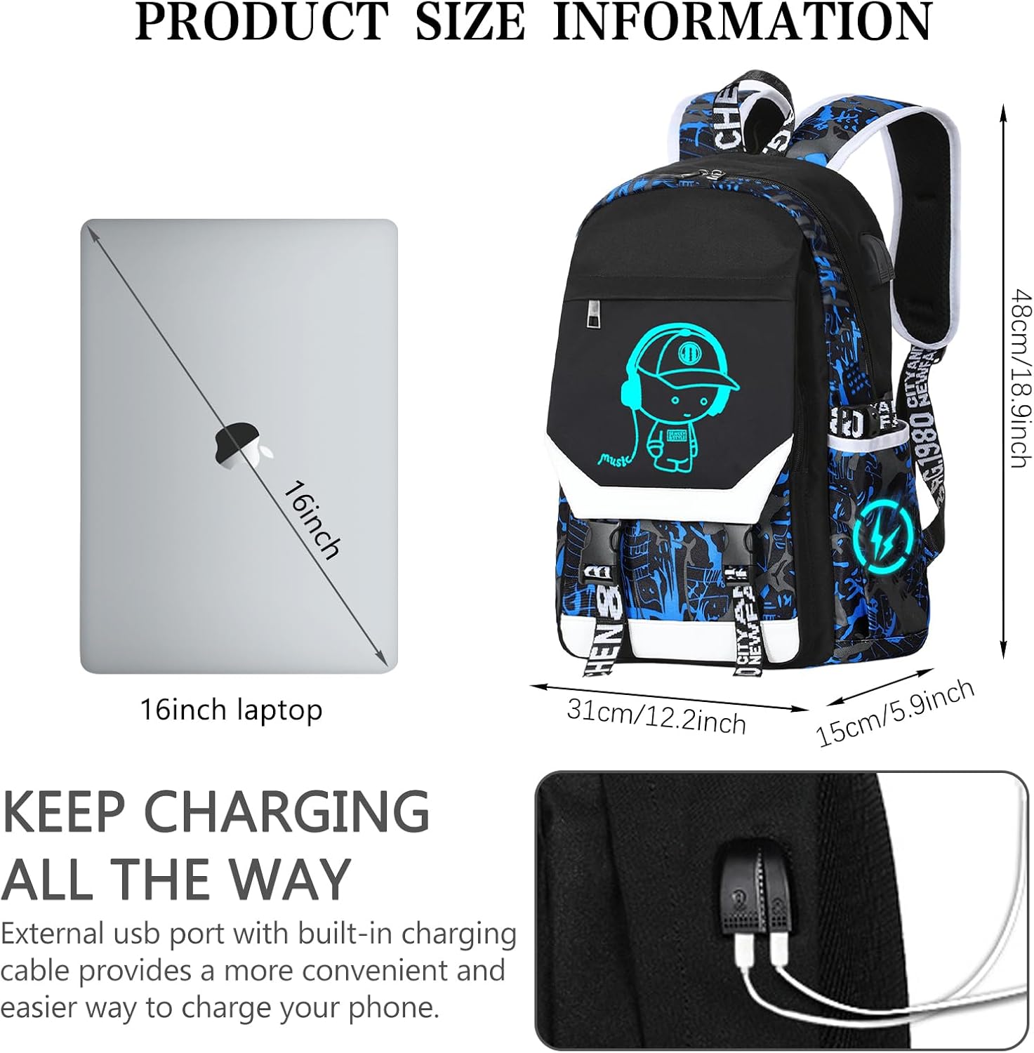 Mochila luminosa para niños, mochila para laptop de 15.6 pulgadas con EE. UU, Azul, Mochila luminosa
