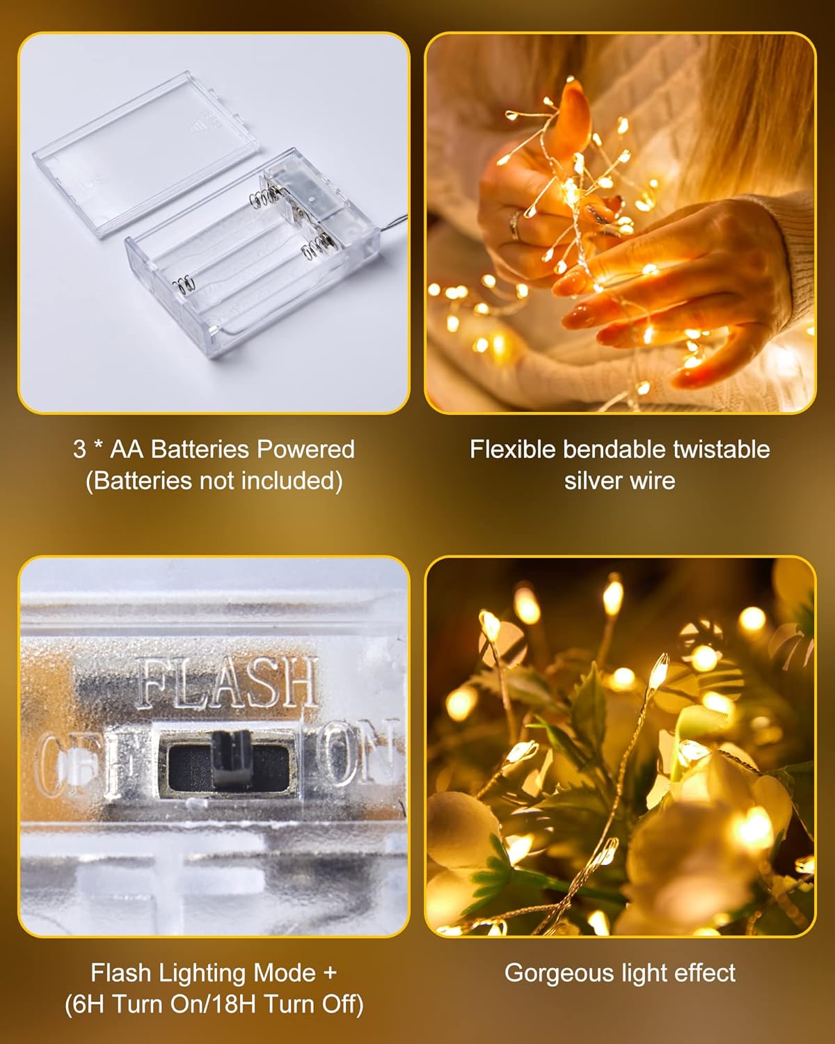 Paquete de 4 luces de hadas que funcionan con pilas, 5 pies, 60 luces LED parpadeantes, impermeables, luces estrelladas para corona, hogar, boda,