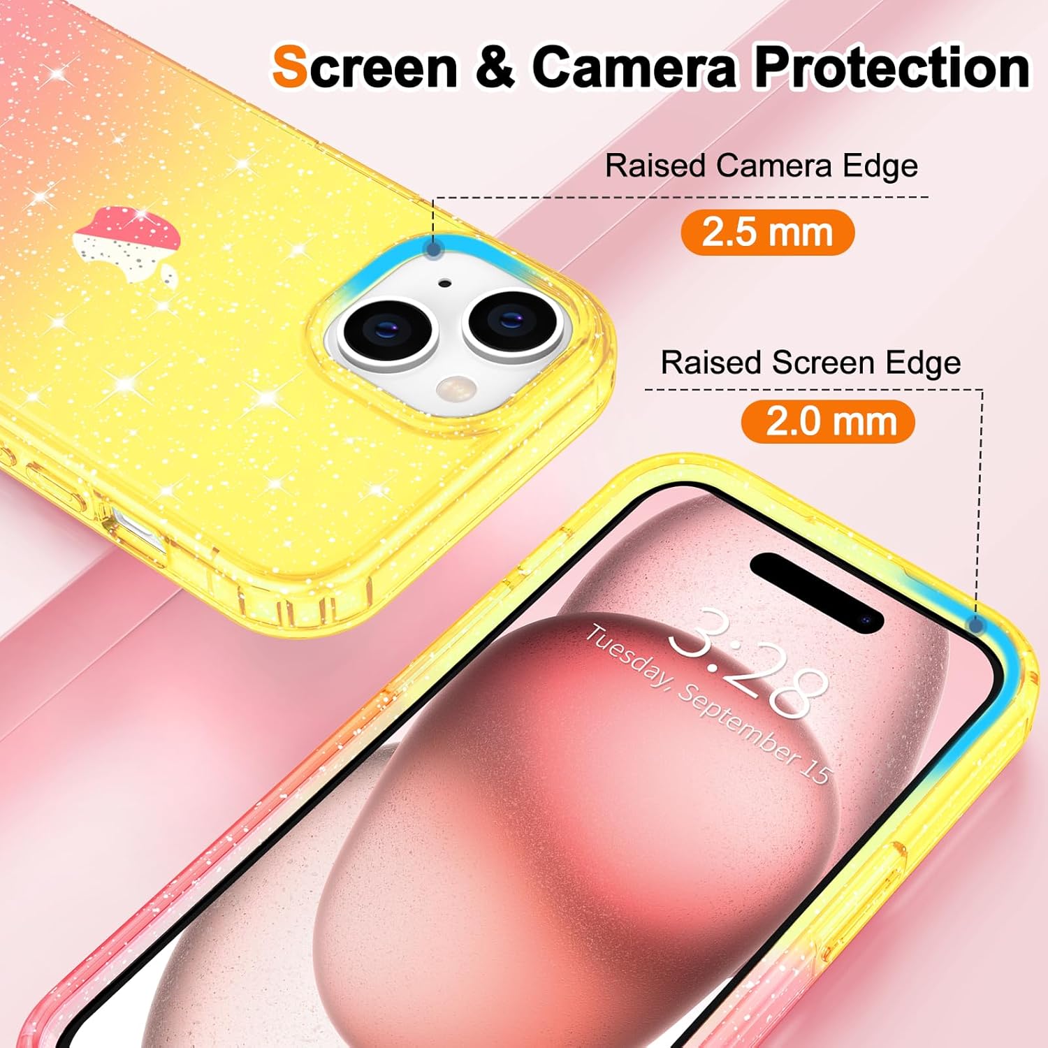 Hython Funda para iPhone 15 con purpurina, bonita funda transparente con purpurina brillante, antiarañazos, TPU suave, ajuste delgado, a prueba de