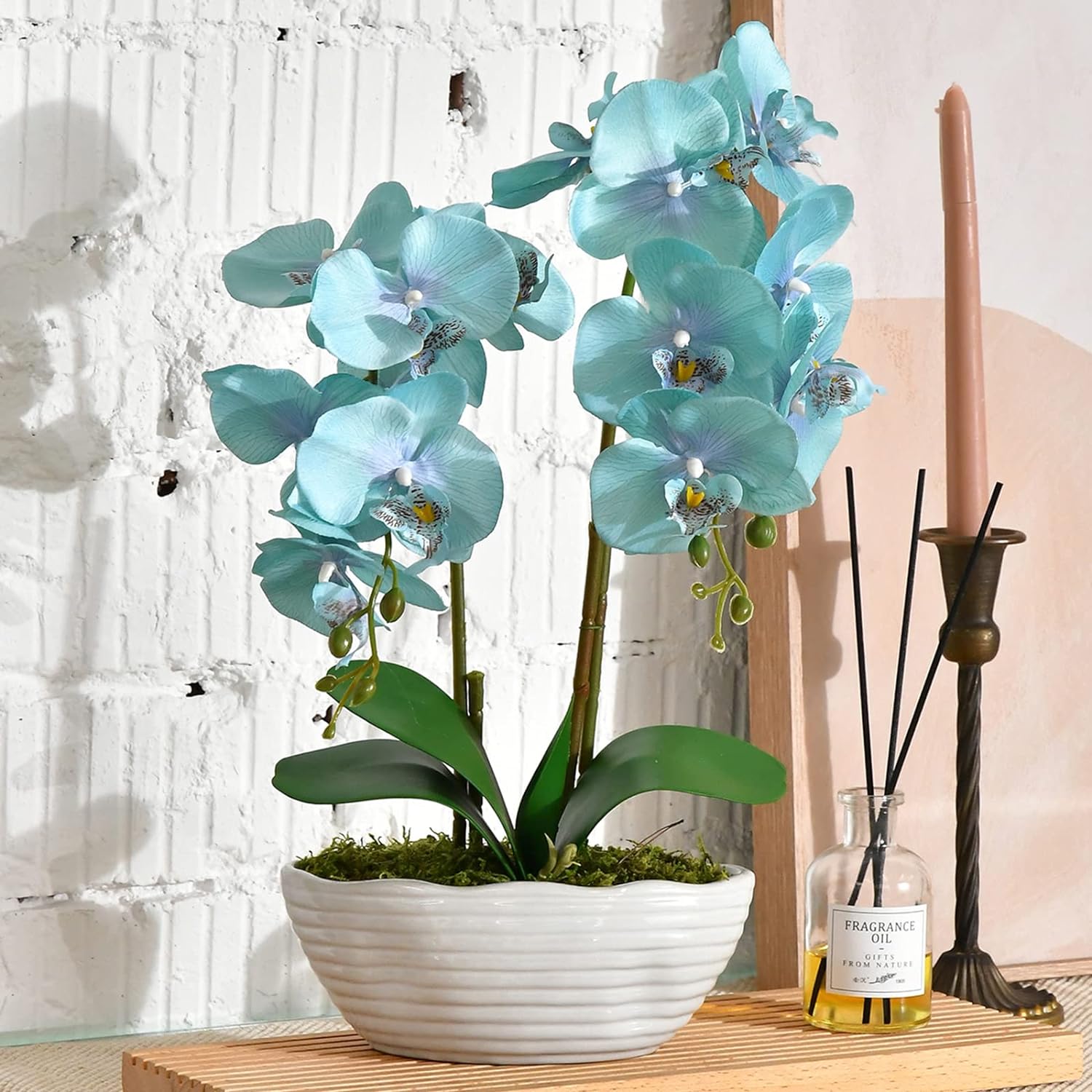 Planta de orquídea artificial grande en maceta, arreglo floral de seda con jarrón de cerámica, azul dorado