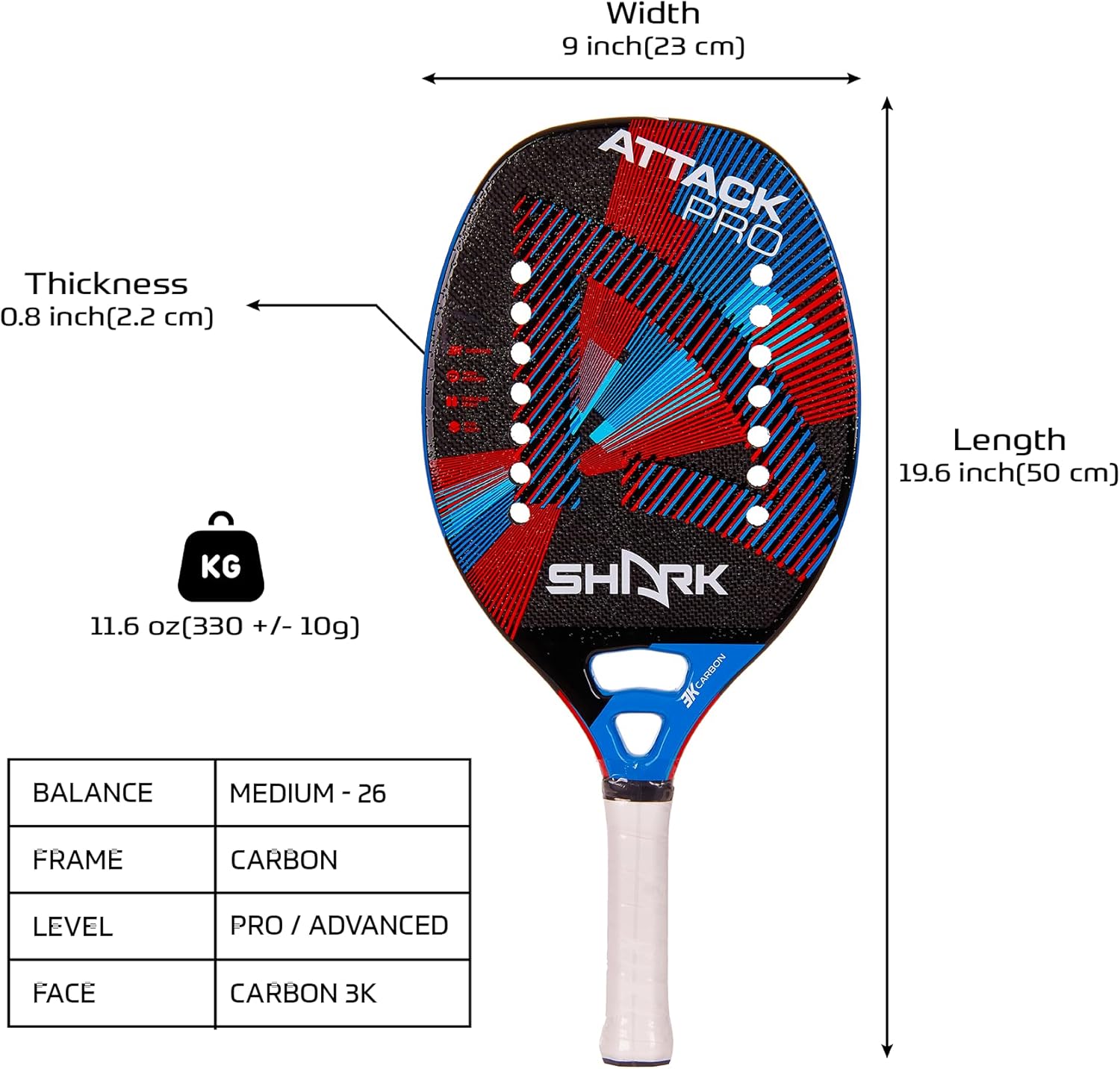 Shark Attack – Raqueta profesional de tenis de playa  Carbon 3K  EVA Soft Grey  0.866 in de grosor  Tecnología Spin Generation  Incluye funda