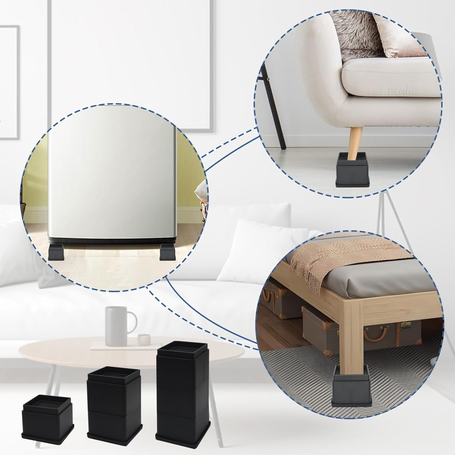 MYMULIKE Elevadores de cama de 2 pulgadas, juego de 6, elevadores ajustables para muebles de cama de 1, 2 o 3 pulgadas, elevadores de cama