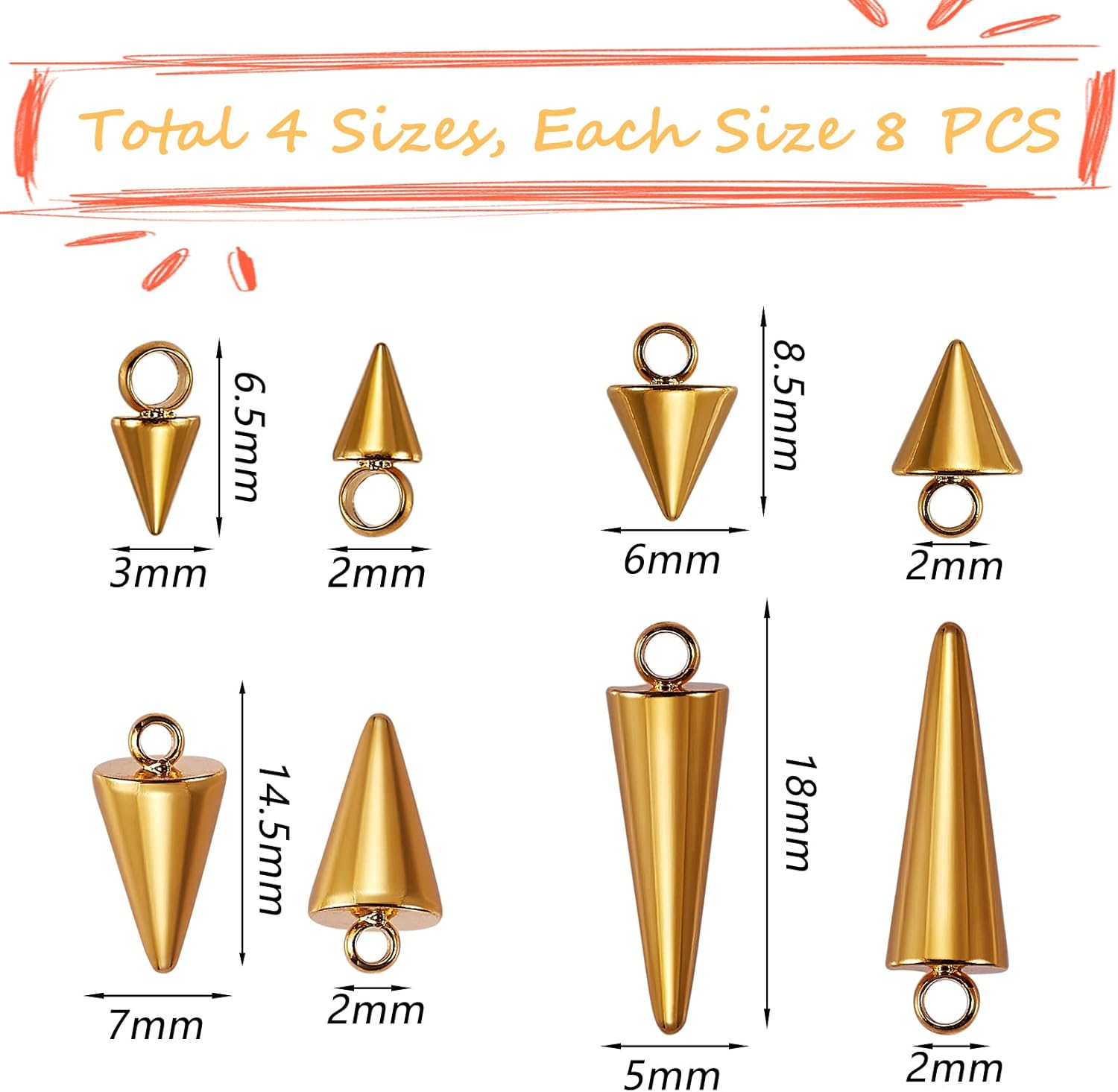 Colgantes con forma de cono de acero inoxidable 304 con anillo de salto dorado para joyería, collares, collares, aretes, manualidades